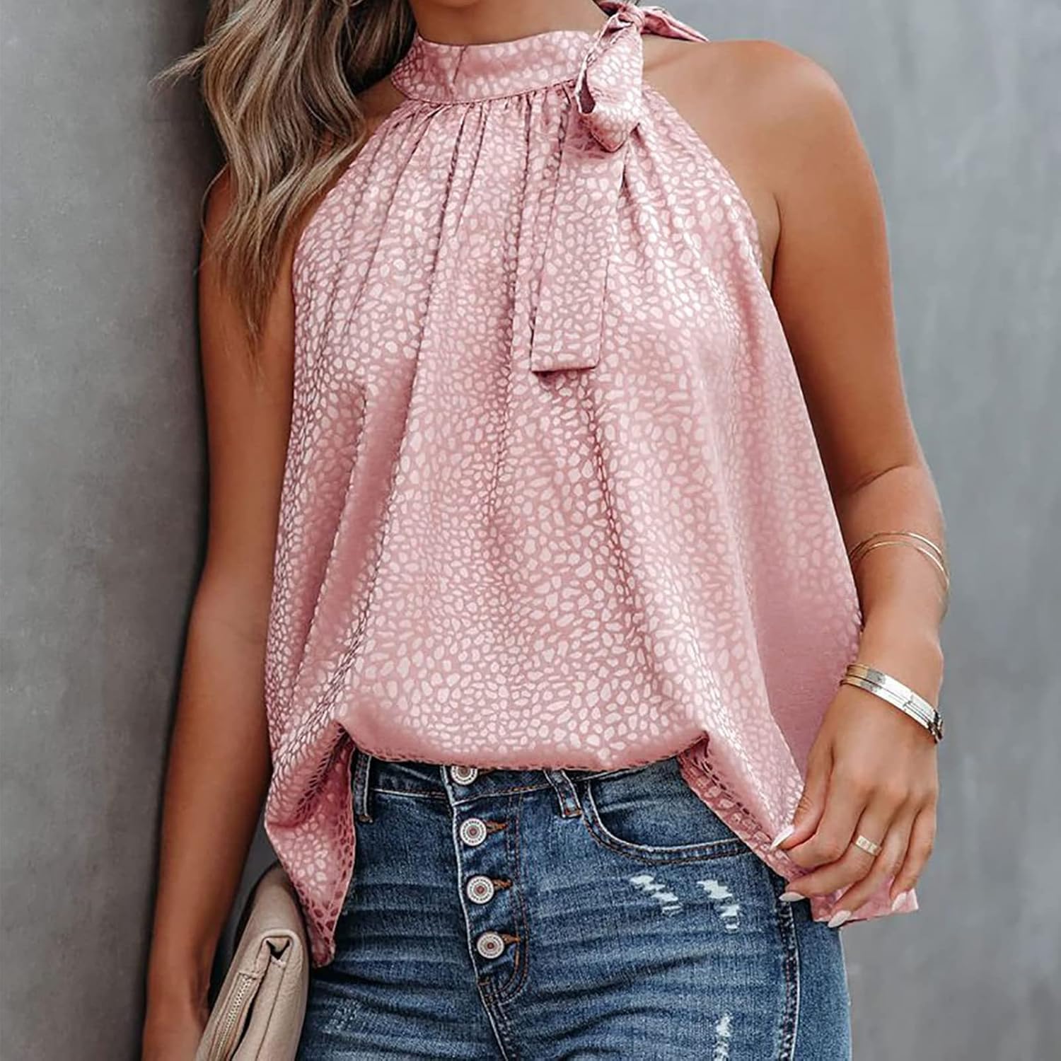 シフォン シャツ 女性の夏のホルター弓シフォンプリントノースリーブトップシフォンシャツ 着痩せ 通勤 OL カジュアル オフィス (