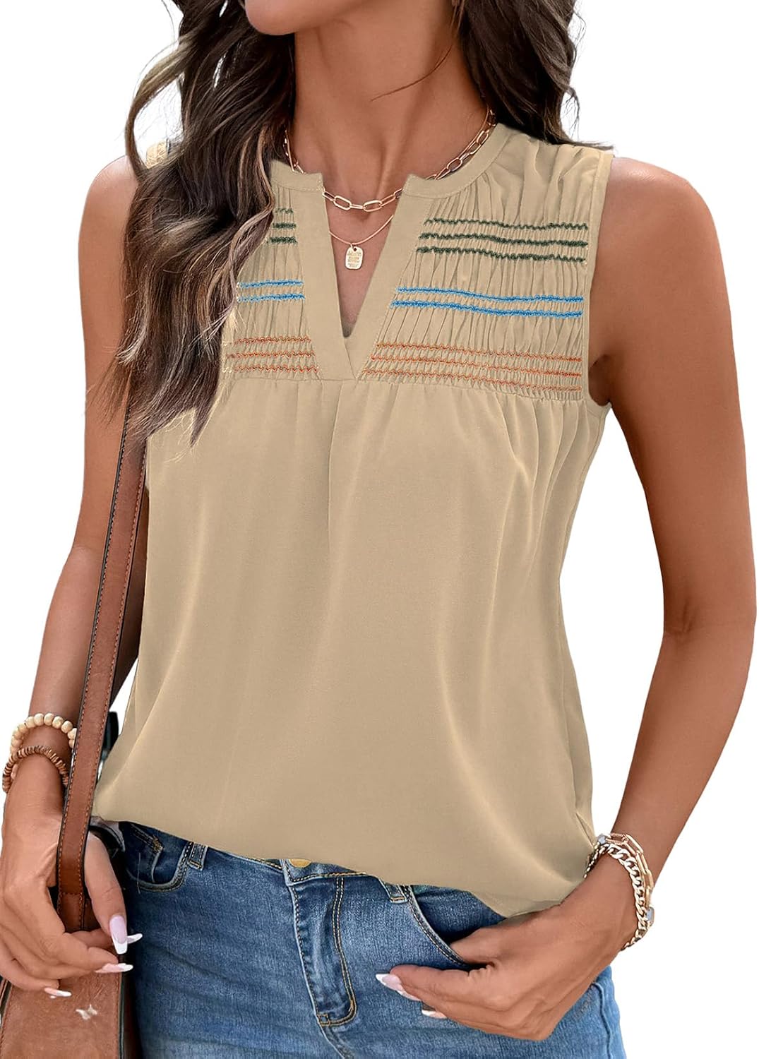 Dokotoo Womens Tank Tops Beach Essentials Fashion Women's Clothing Smocked V Neck Sleeveless Cute Babydoll Shirts Blouses Casual Solid Loose Fit Boho Summer Tops Resort Wear Apricot X-Large
