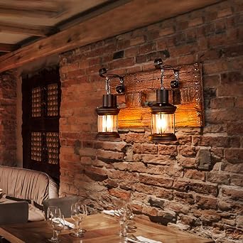 LAKIQ Industrial Farmhouse Wall Sconce Lighting Fixture Wooden Base Indoor Rustic Wall Lamp Light with 2 Lantern Lights for Bar Restaurant