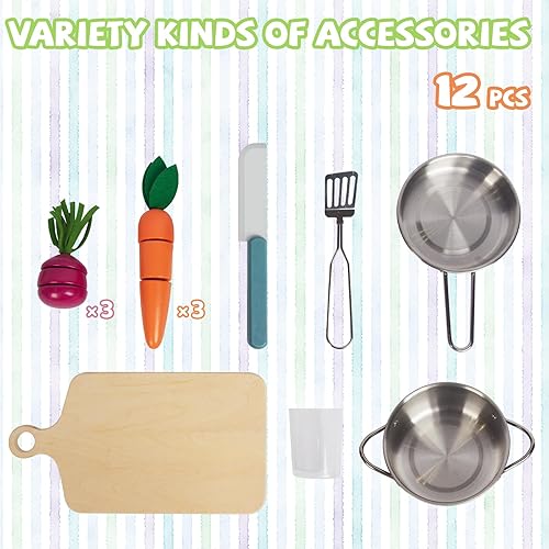 Miniatura 5 de Juego de cocina para niños de 3 a 8 años, cocina de madera con accesorios de cocina y alimentos de corte, incluyendo horno, estufa, grifo y