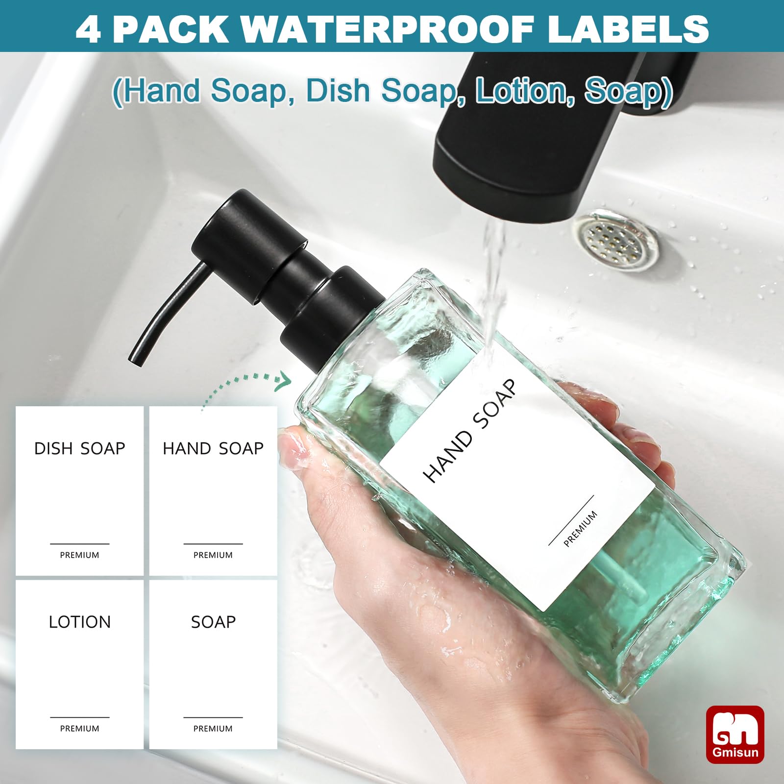 GMISUN - Dispensador de jabón de vidrio con bomba de acero inoxidable, dispensador de jabón de manos transparente para baño, 350 ml, juego de dispensadores de jabón de manos y platos para cocina