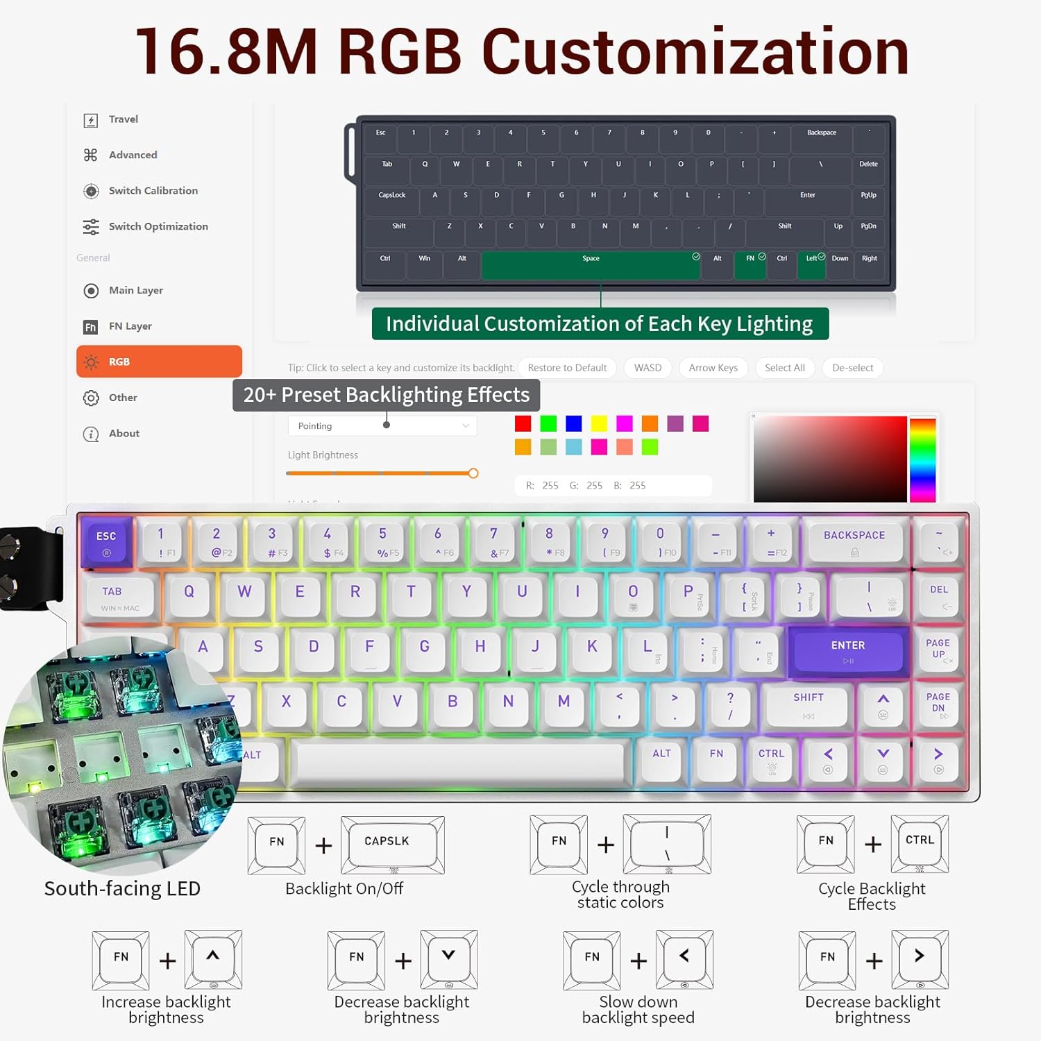 Hexgears HK-K22 Gaming Keyboard with Hall Effect Magnetic Switch, Rapid Fast Magnetic Keyboard with Adjustable Trigger, 8000Hz Polling, RGB Backlit 65% Compact Keyboard Design for PC(White)