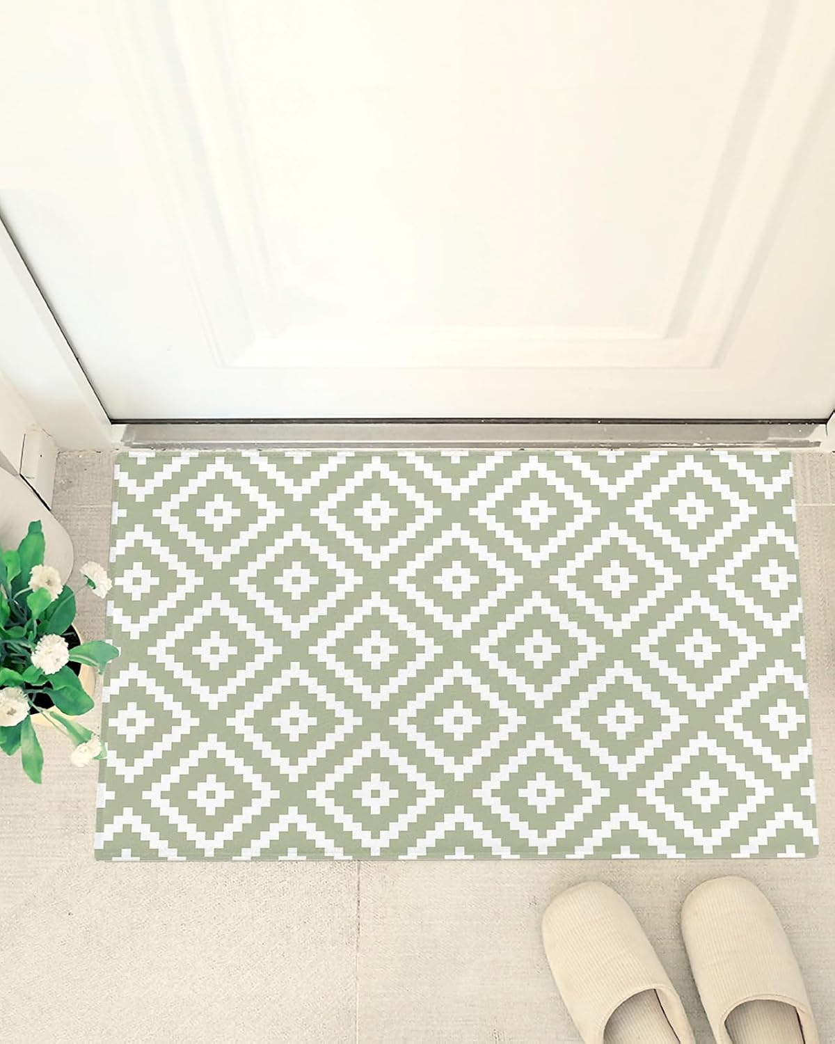 Abstract Geometric Bathroom Shag Doormat Saga Green White Diamond Squares Water Absorbent Bath Rug Floor Mat Washable Fluffy Plush Indoor Area Rugs Cozy Welcome Carpet Minimalist