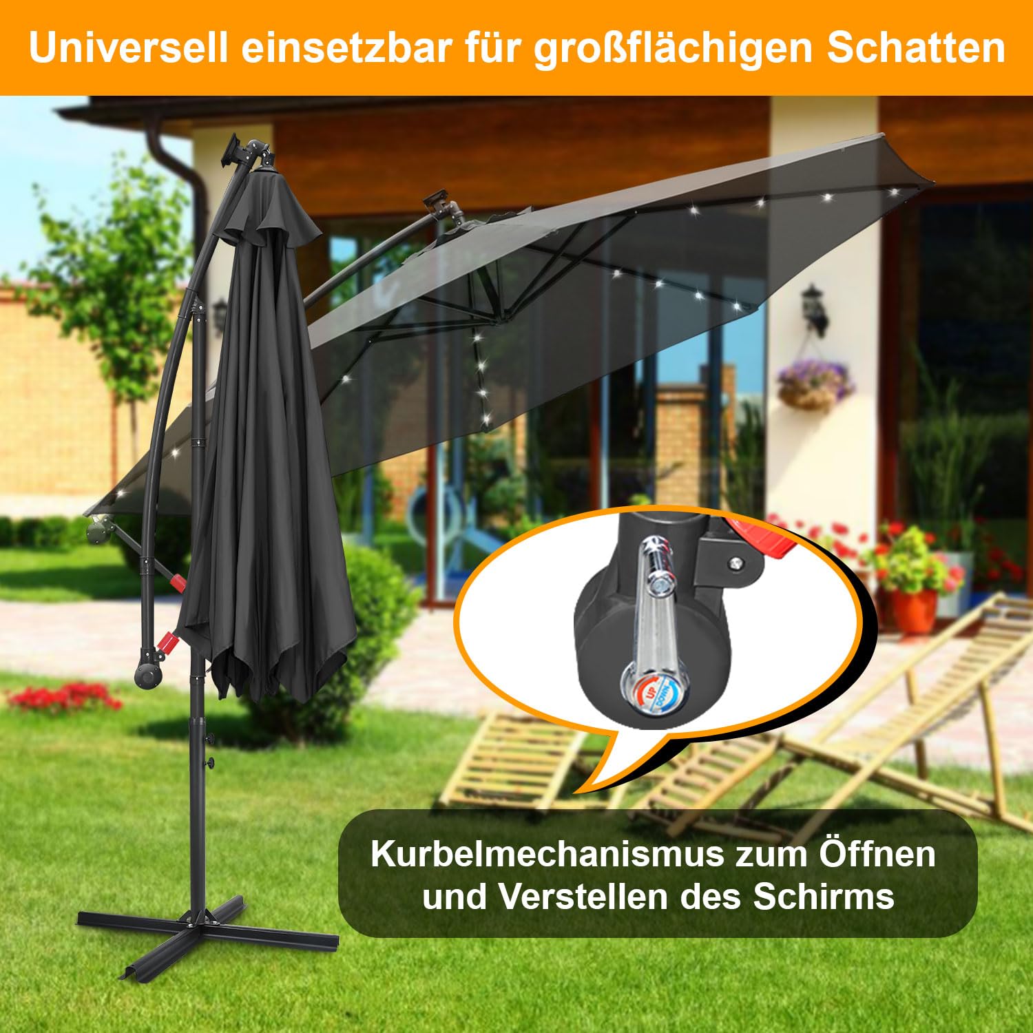 Parasol przeciwsłoneczny, Ø 300/350 cm, z korbą, z lampką solarną LED lub bez niej, parasol ogrodowy ze stojakiem, ochrona przed słońcem, ochrona przed promieniowaniem UV | parasol na korbę