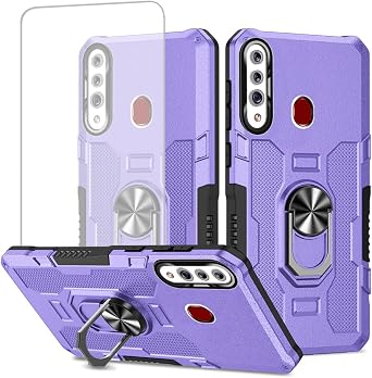 Case for Galaxy A20s Case, Samsung A02S SM-A207F Case with Tempered Glass Screen Protector, Heavy Duty Protection with Metal Ring Magnetic Kickstand Phone Cover for Samsung Galaxy A20s Purple