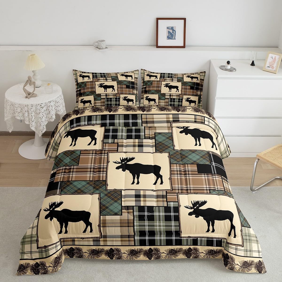 Erosebridal Farmhouse Decor,Rustic Moose Quilt Queen Size,Deer Hunter Comforter Set for Kids Teens Adult,Woodland Wildlife Bedding Set Patchwork Duvet Insert Brown Green Buffalo Checked Plaid Decor