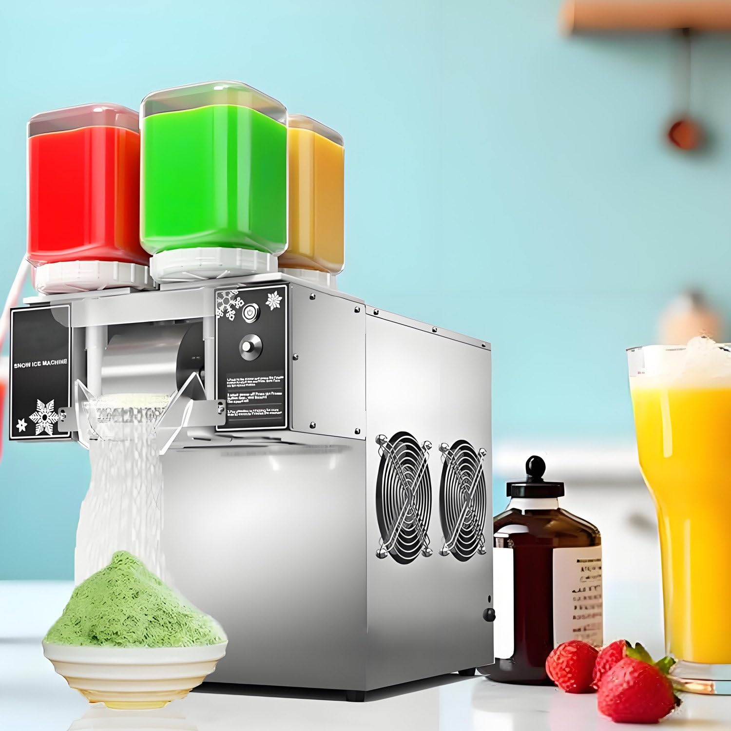 Dual Barrel Ice Crusher Machine, Commercial Shaved Ice Machine &amp; Snowflake Ice Maker, 60/120kg/Day High Capacity, Speed Adjustable for Milktea Shops &amp; Dessert Stores 220V-124FD