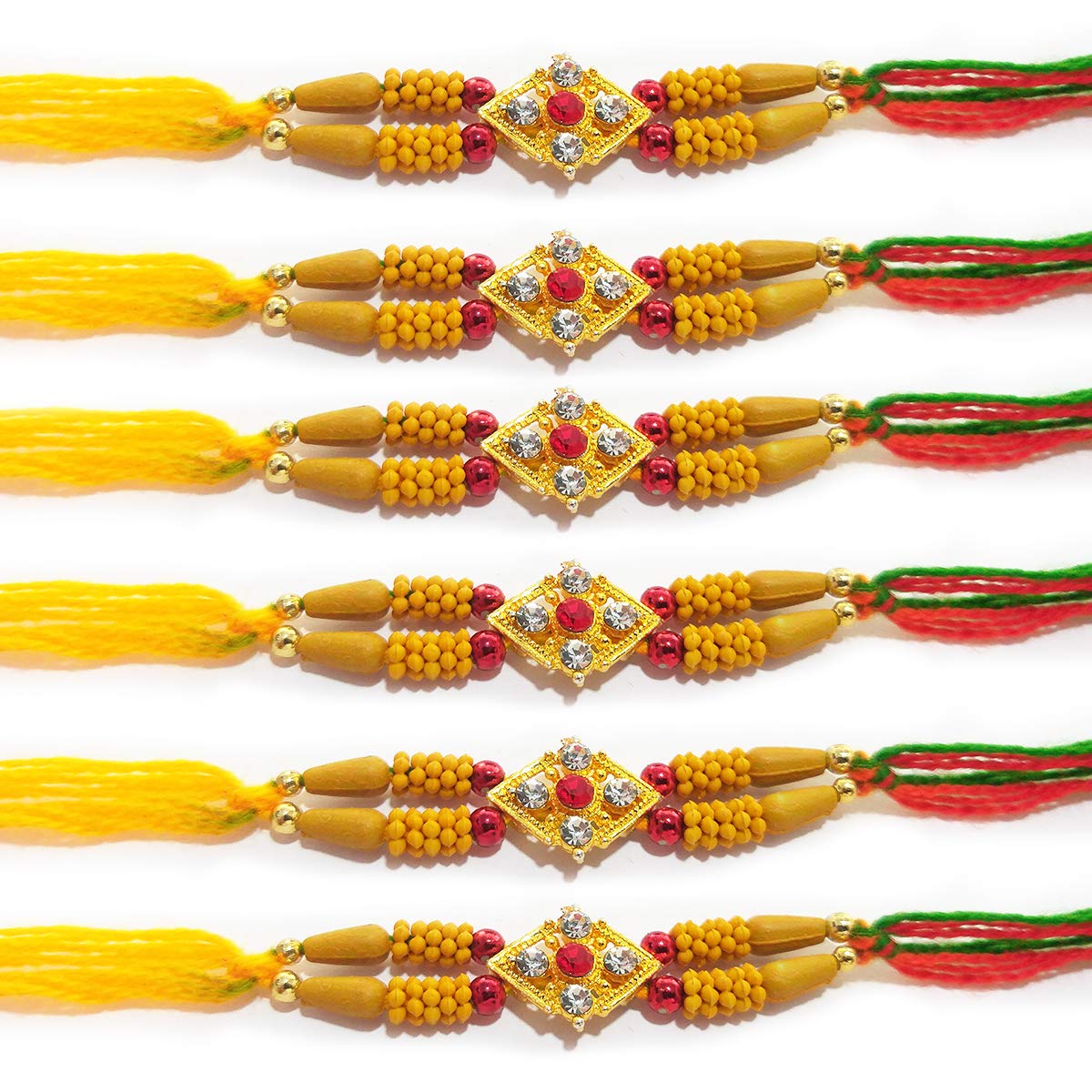 WhopperIndia Set of 6 Center Four Diamond and Small Beads Traditional Rakshabandhan Rakhee Bracelet Color and Design May Vary