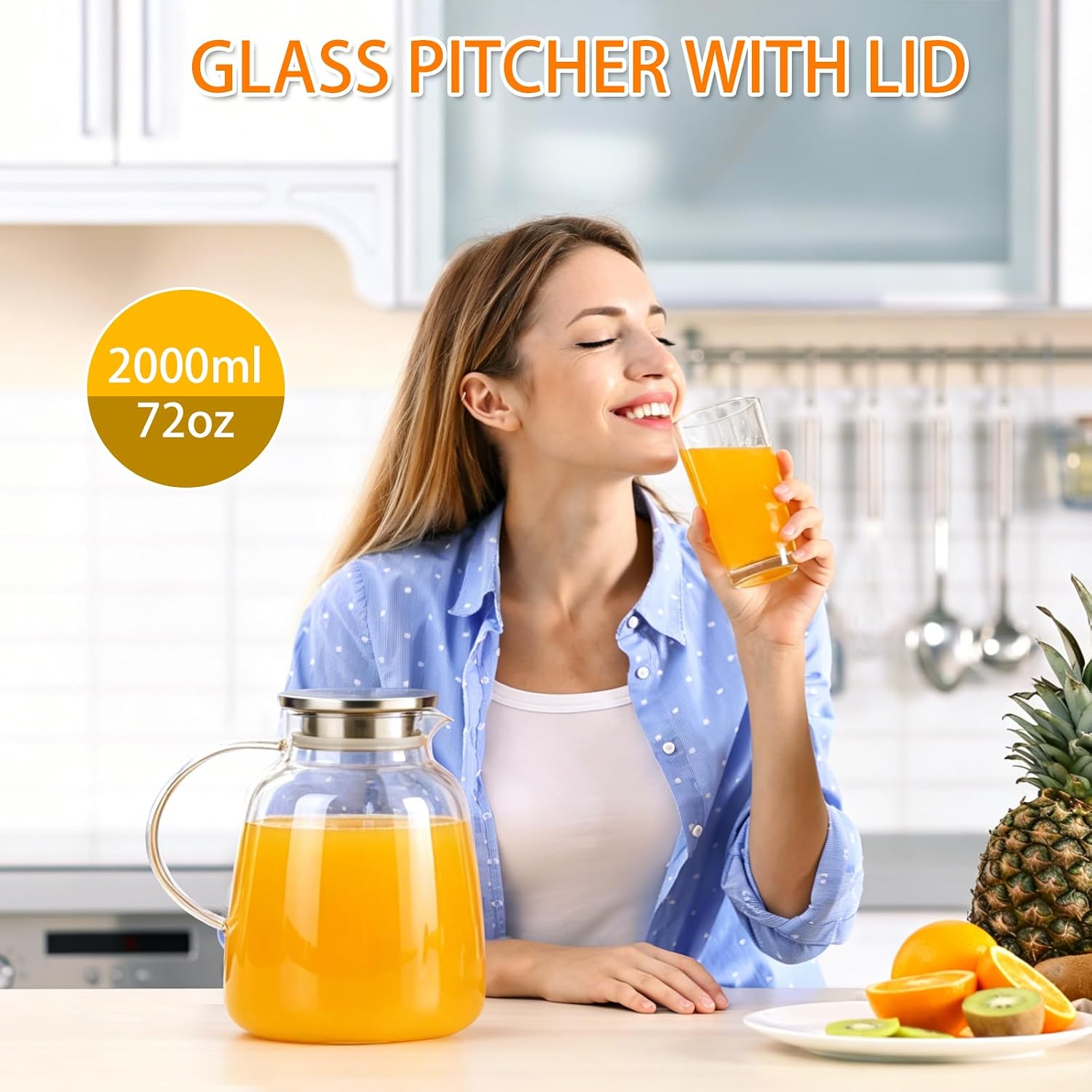 2 Liter 65oz Glass Pitcher with Lid and Handle, Water Pitcher for Fridge, Borosilicate Class Carafe for Hot/Cold Water - Ice Tea Pitcher, Juice, Coffee, Iced Tea & Sun Tea, Cleaning Brush Included