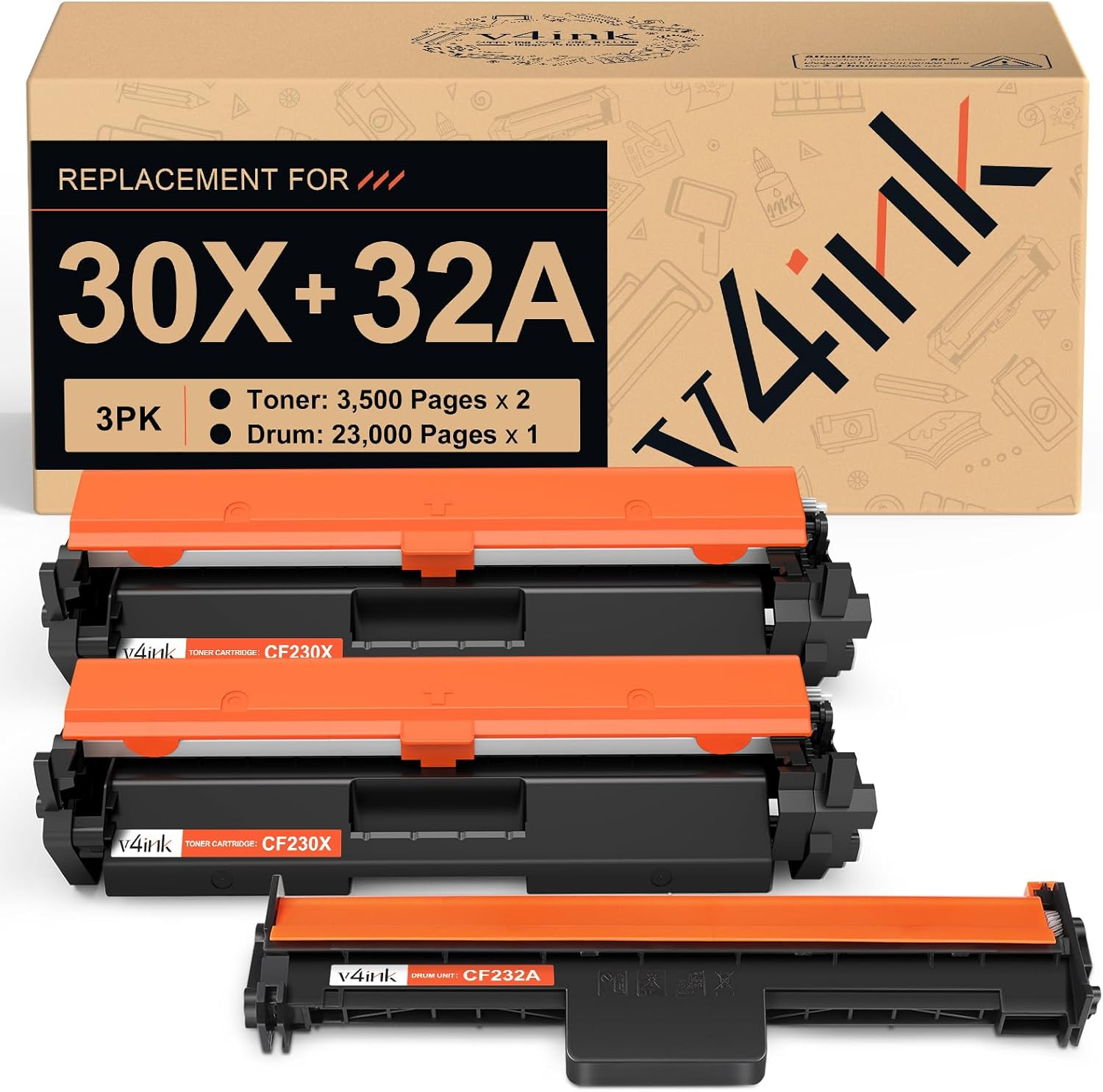 v4ink 30X CF230X Toner 32A CF232A Drum Replacement for HP 30A 30X CF230X Toner Cartridge 32A CF232A Drum Set for HP M203 M203d M203dn M203dw MFP M277 M227fdn M227fdw M227sdn Printer, 3PK(1D+2T)