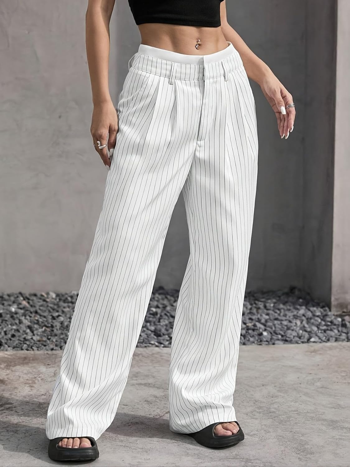 Womens White-Trim Pinstripe Wide-Leg Pants with Pockets - Relaxed Fit - Image 4