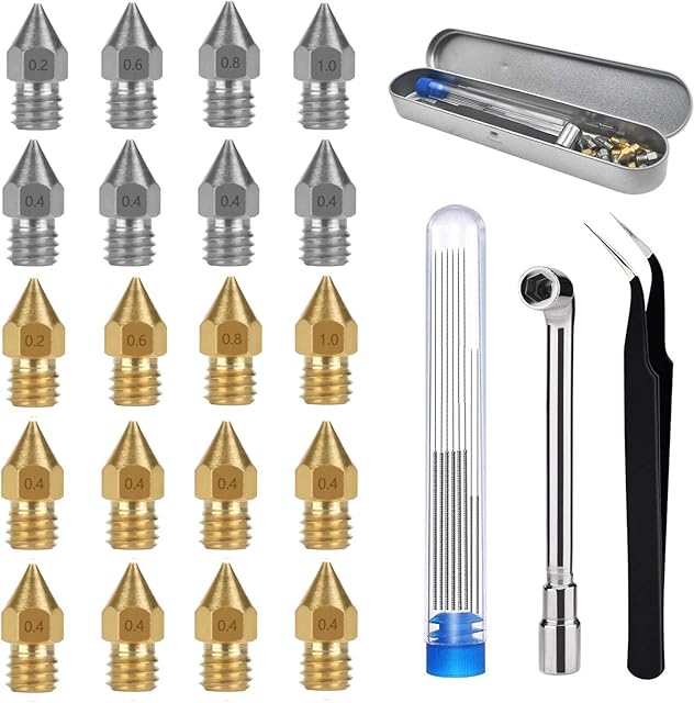 20PCS 3D Printer Nozzle Kit, 12x Brass + 8x Stainless Steel MK8 Nozzles for 0.2mm 0.4mm 0.6mm 0.8mm 1.0mm Extruder Print Head with 8x Nozzle Cleaner Needles for Makerbot Creality CR-10 Ender 3 5