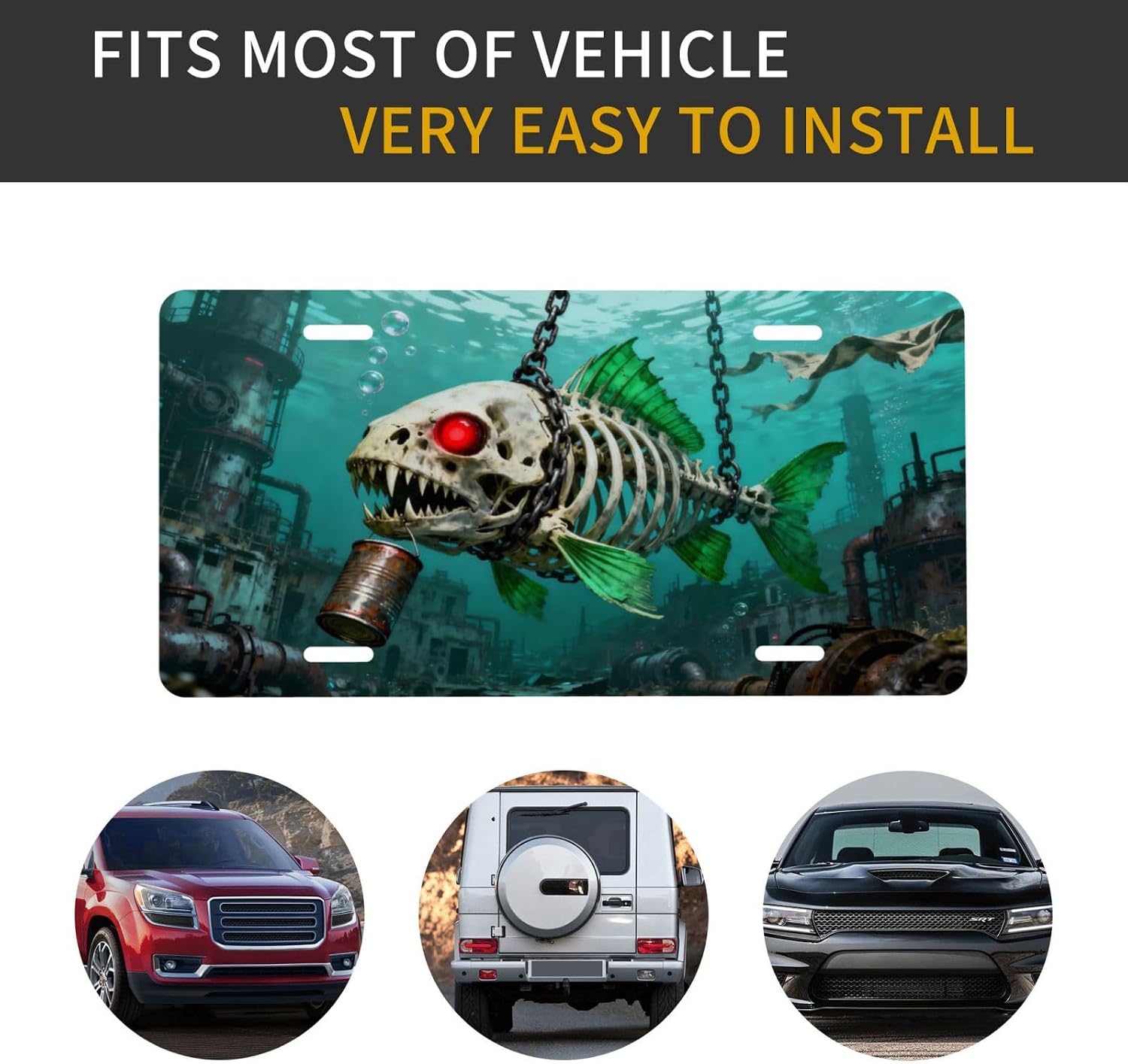 Skeleton Fish Seabed Ruins Front License Plate Car Decorative License Plates Aluminum Metal Decor Accessory Novelty Vanity Tag Cover with 4 Holes for Men Women 6" X 12"