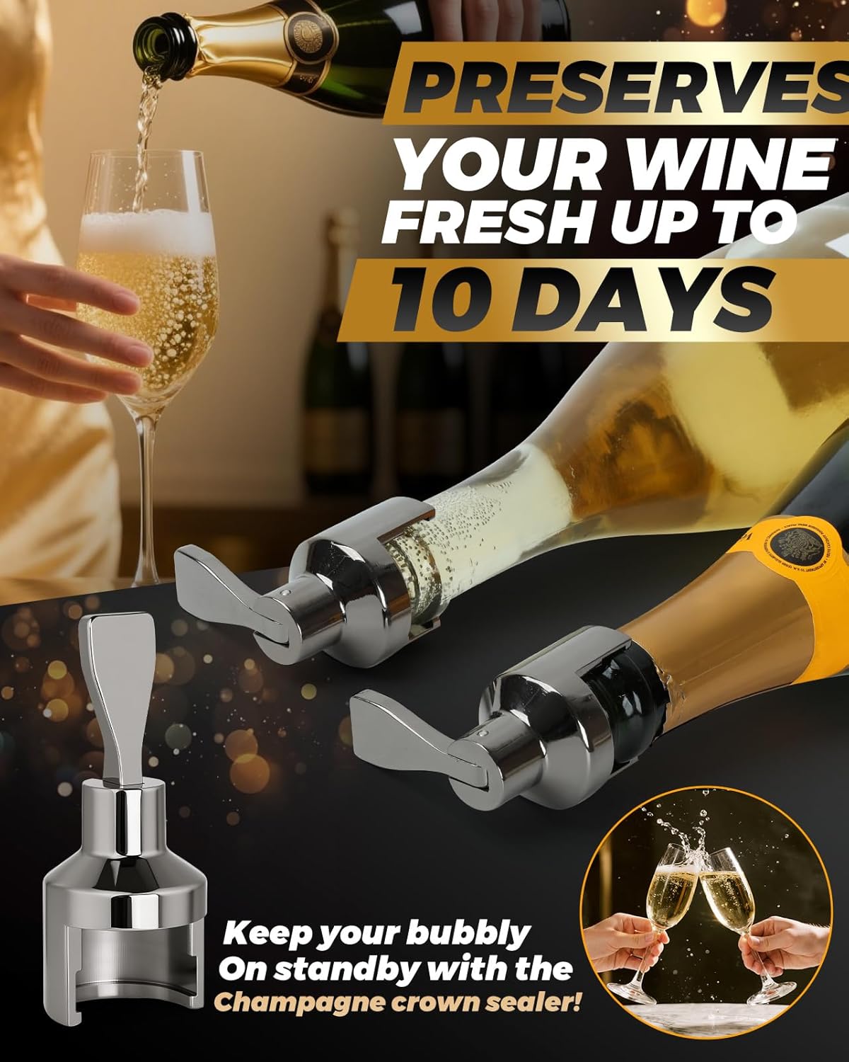 Replacement for le creuset champagne stopper, Black Nickel, Zinc Alloy, 100% Leak Proof Seal Keep Wine Fresh Up to 2 Weeks Perfect Wine Bottle Stopper Gift for Bubbly Lovers Lifetime Free Replacement