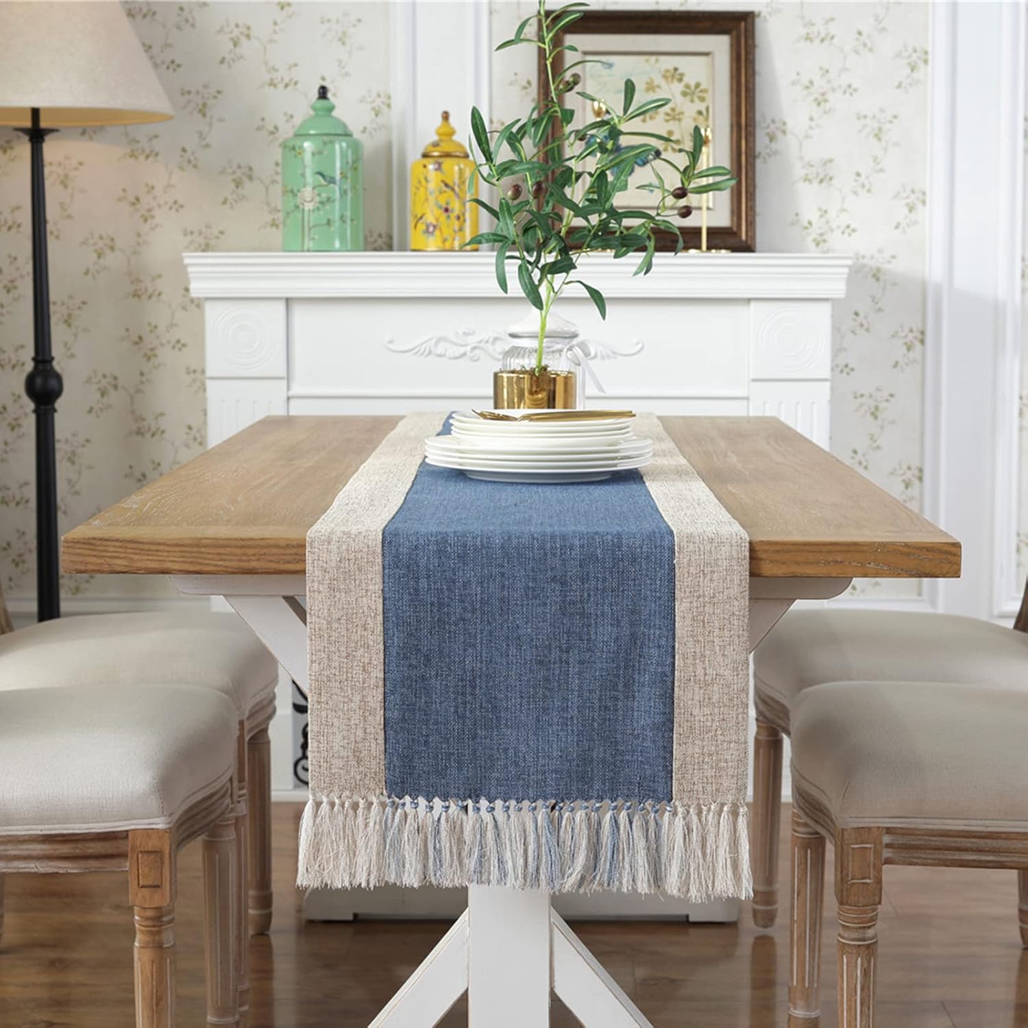 Rustic Linen Table Runner Farmhouse Style Table Runner with Hand-Tassels for Dining Kitchen Coffee Table Decor, Party and Dresser Decor(Navy Blue, 15x108 inch)