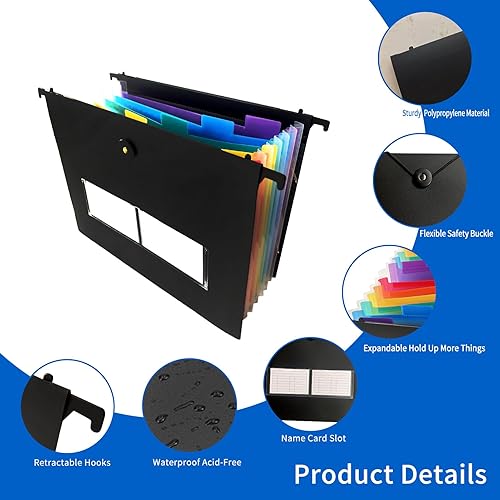 Miniatura 3 de Paquete de 4 carpetas colgantes de plástico, gran capacidad, innovador organizador de archivos de acordeón con gancho retráctil, pestañas