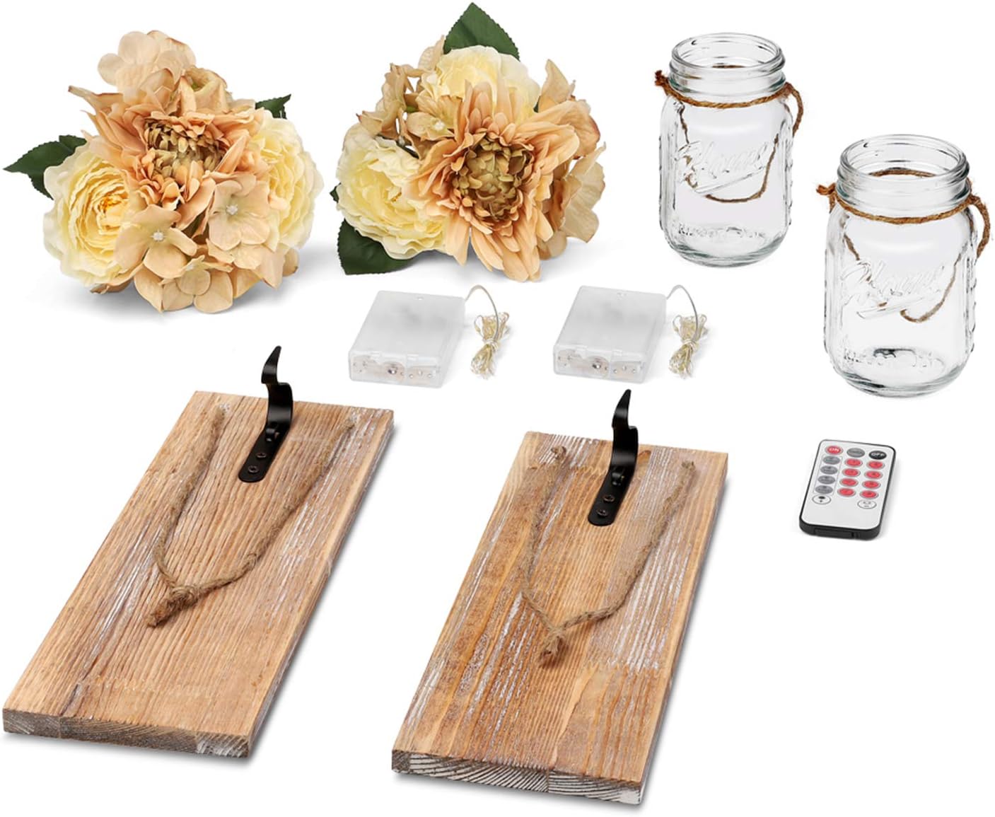 Remote Mason Jar Sconces Wall Decor - Farmhouse Decor with Wireless Remote for Living Room,Dining Room,Battery Operated LED Fairy Lights,Set of 2(Medium, Brown)
