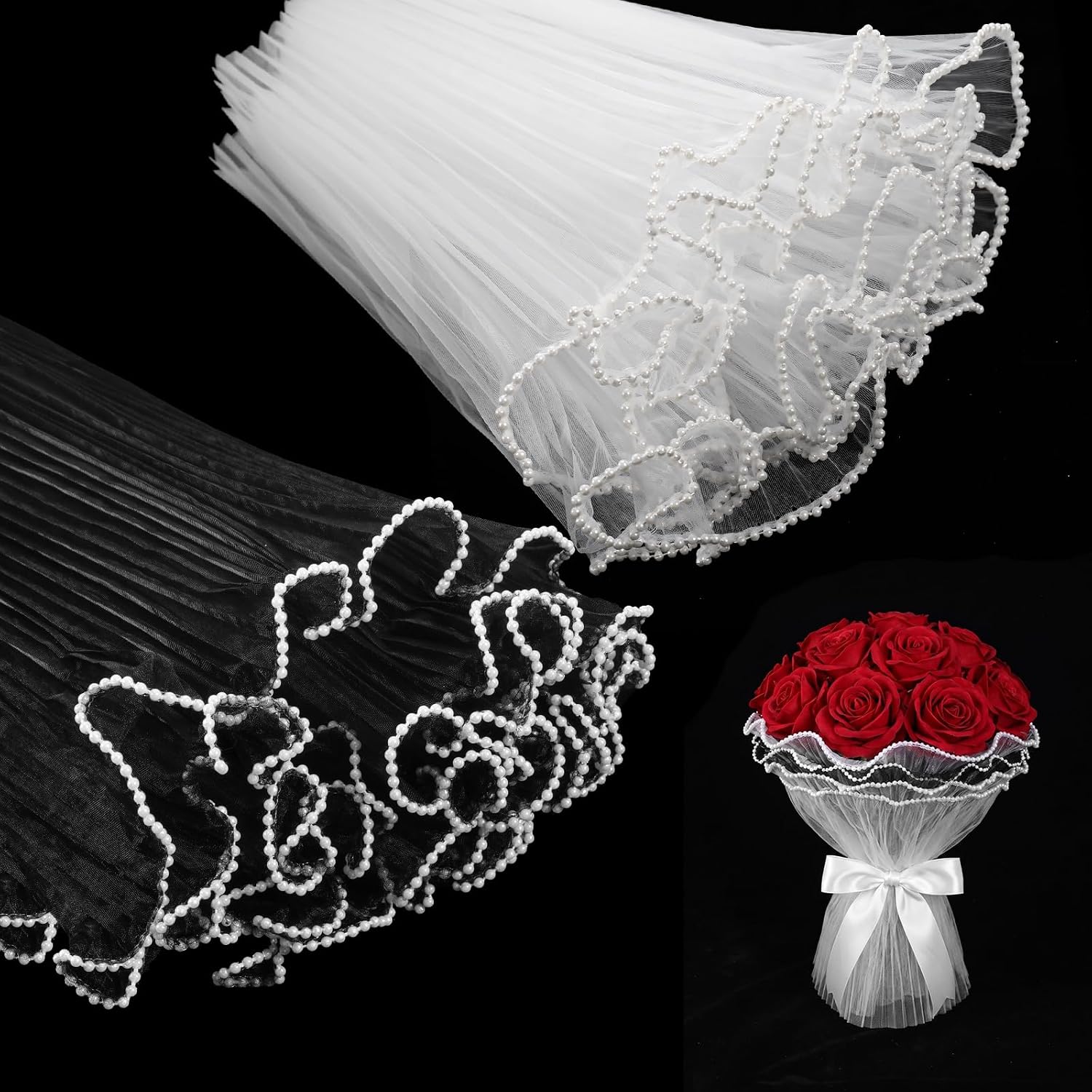 SULIKJHUI 2 Pack 4 Yards Mesh Wrapping Paper for Flowers, Floral Wrapping Mesh, Pearl Meshs for Bouquets & DIY Packaging, Valentine's Day Gift Wrap, Flower Shop Decoration (Black, White)