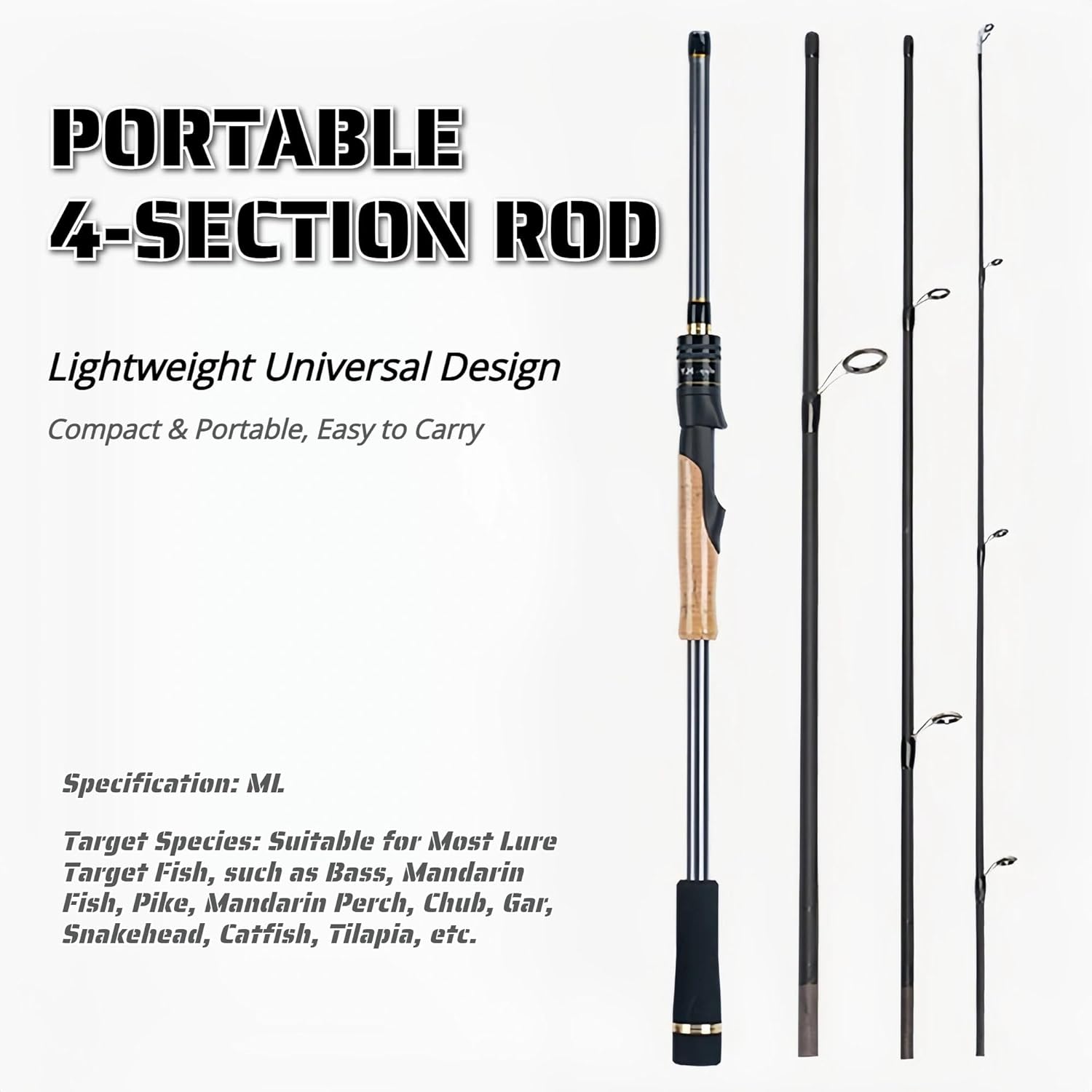 4-Piece Travel Baitcasting Rod – Portable Ultralight Lure Fishing Rod, ML Action, Short Pack Length, Cork Handle, Ceramic Guides for Freshwater & Saltwater