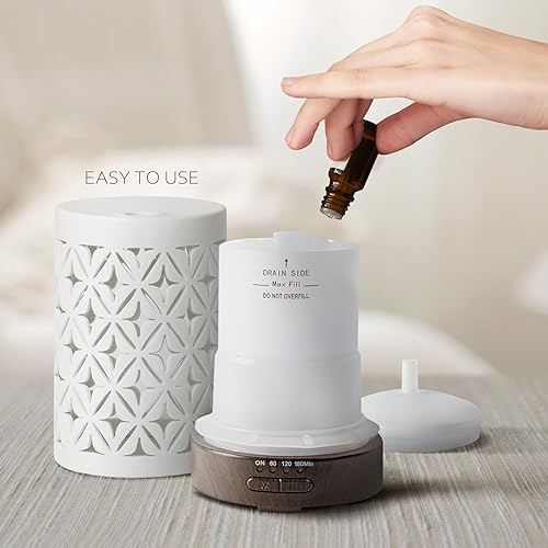 Miniatura 4 de Earnest Living Difusor de aceite esencial para el hogar, difusor de aromaterapia de cerámica blanca de 3.4 fl oz con 4 temporizadores, 7 luces