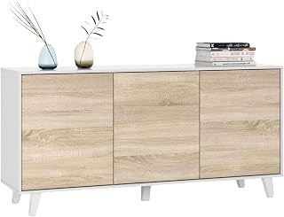 Habitdesign, modernes Sideboard mit 3 Türen – Hochglanz Buffet für Wohnzimmer oder Esszimmer in Weiß & kanadischer Eiche, viel Stauraum, Maße: 154 x 75 x 41 cm (B x H x T), Modell Zaiken Plus