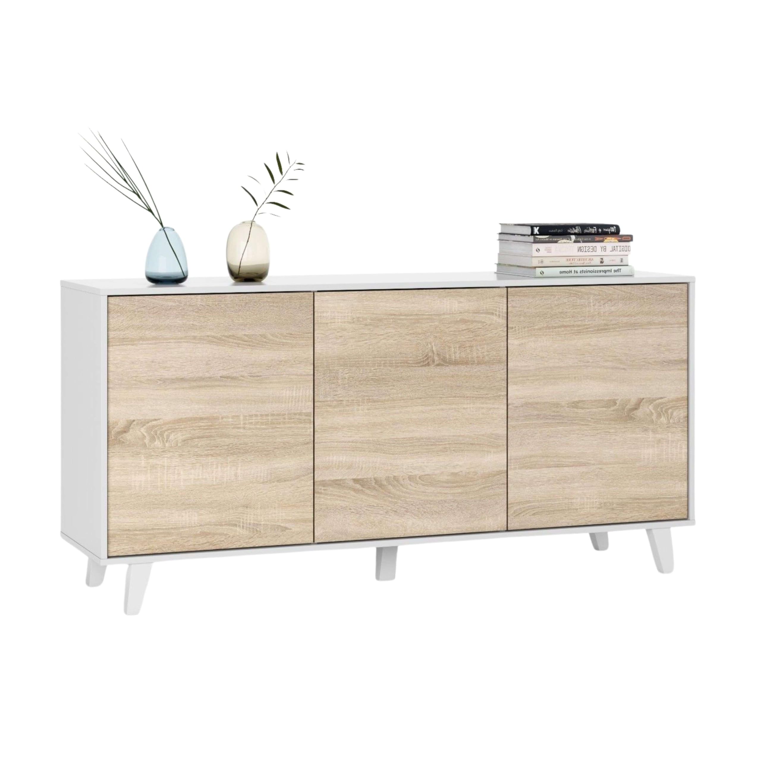 Habitdesign – Aparador Buffet 3 Puertas para Salón o Comedor, Aparador con Patas, Color Blanco Brillo y Roble Canadian, 154x41x75 cm - Zaiken Plus