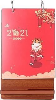 VALICLUD Calendario da Tavolo 2021 Calendario Mensile da Scrivania in Legno Flip Pad Calendario Anno Cinese Del Bue Felice Zodiaco Ornamento Del Calendario per Il Conto Alla Rovescia