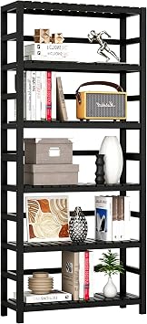 VASMIA 6-Tier Bamboo Shelf,Bamboo Storage Shelving Unit,Tall Bookcase with Adjustable Shelves,Multipurpose Storage Display Shelf for Bathroom, Living Room, Balcony, Kitchen,Black