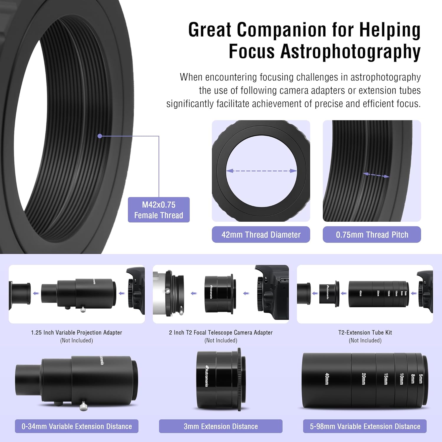 Astromania Metal T-Ring Adapter for Canon EOS DSLR/SLR - Bundle with - T2-Extension Tube Kit 5 8 10 15 20 40mm