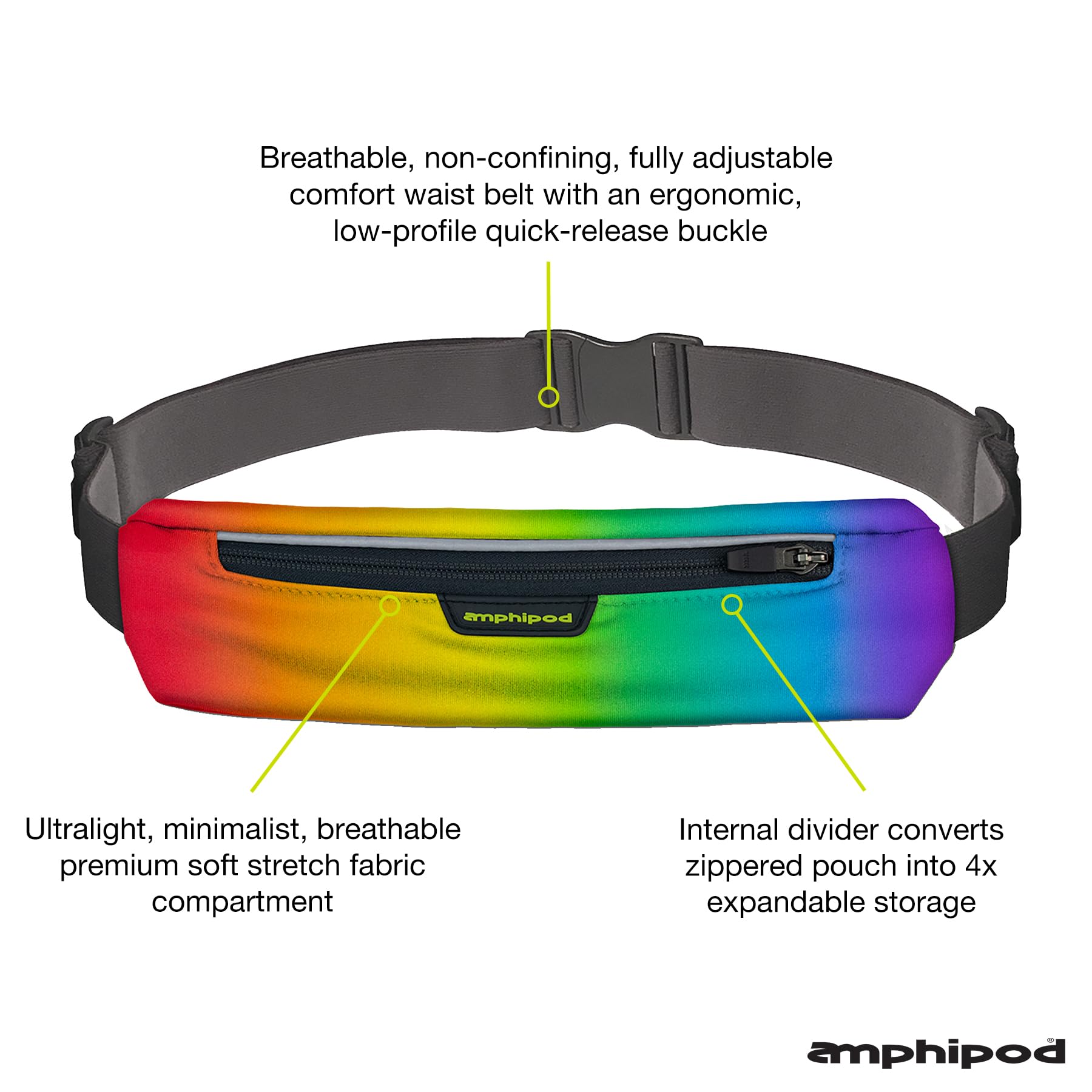 Amphipod MicroStretch Luxe Belt, Expandable, Secure Storage Solution for Road Running, Jogging & Training - Rainbow Ombre - XL