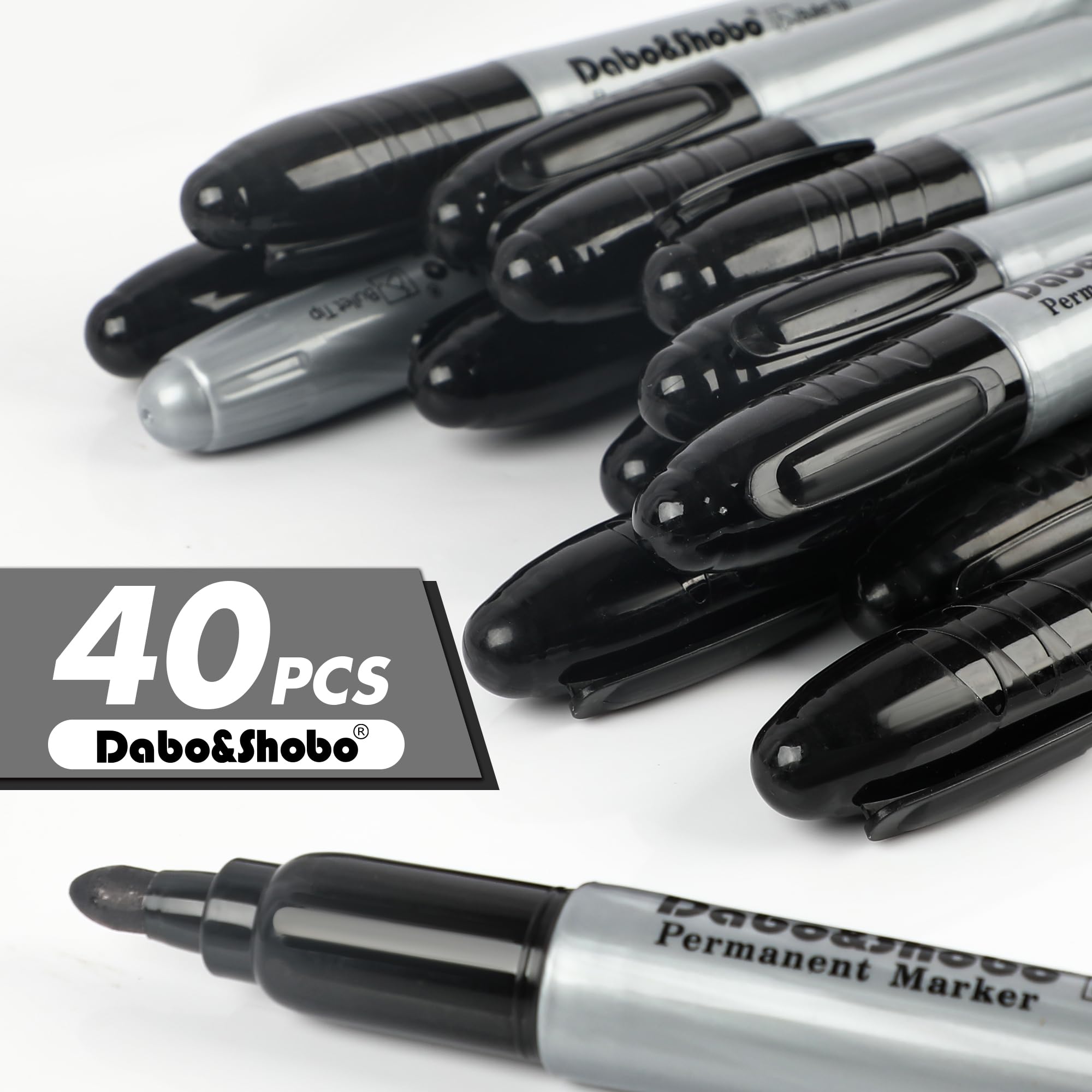 Dabo&Shobo Marcadores permanentes tamaño jumbo, 40 unidades, punta redonda, juego de marcadores permanentes negros grandes