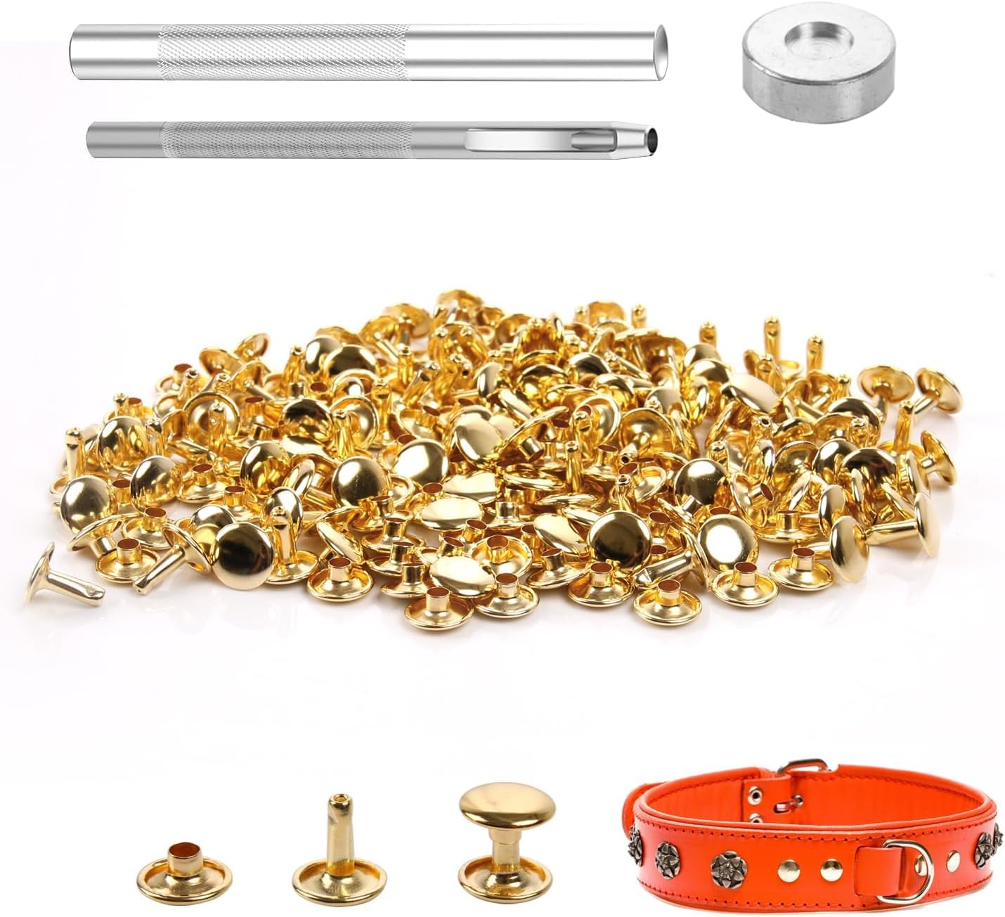 100 Sets Leather Rivets 8x8mm Double Cap Rivets Snaps Metal Studs Fasteners with 3pcs Setting Tools for Leather Craft DIY Repair Decoration, Silver Tone