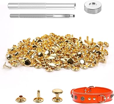100 Sets Leather Rivets 8x8mm Double Cap Rivets Snaps Metal Studs Fasteners with 3pcs Setting Tools for Leather Craft DIY Repair Decoration, Gold Tone
