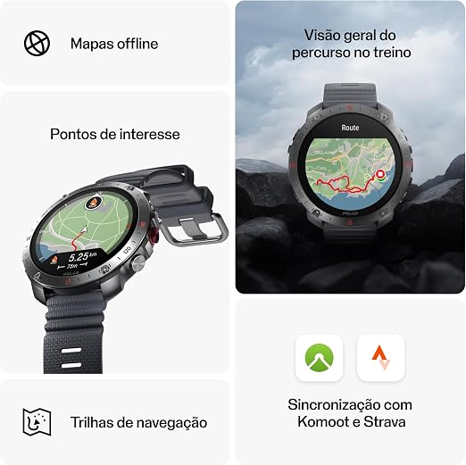 Painel informativo mostrando recursos de mapas offline, pontos de interesse e sincronização com Strava
