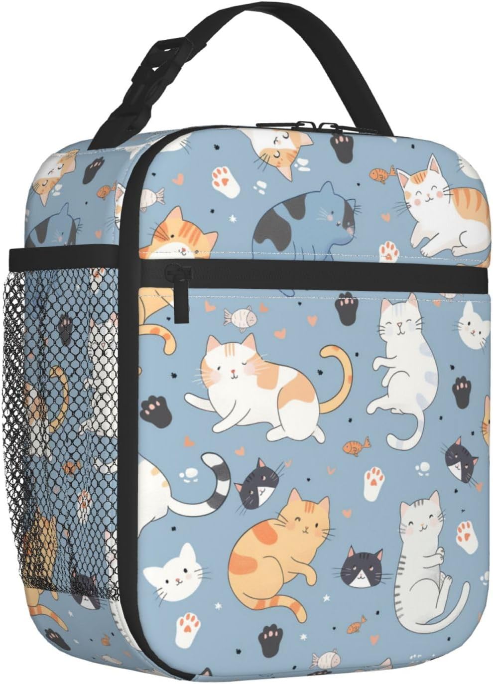 Reusable Cat Lunch Box for Kids Girls Boys Women Adult, Insulated Paw Print Lunch Bag,Polyester Cooler Cute Animal Handbags Case for School Picnic Work Travel Beach or Hiking (Light Blue) image 2