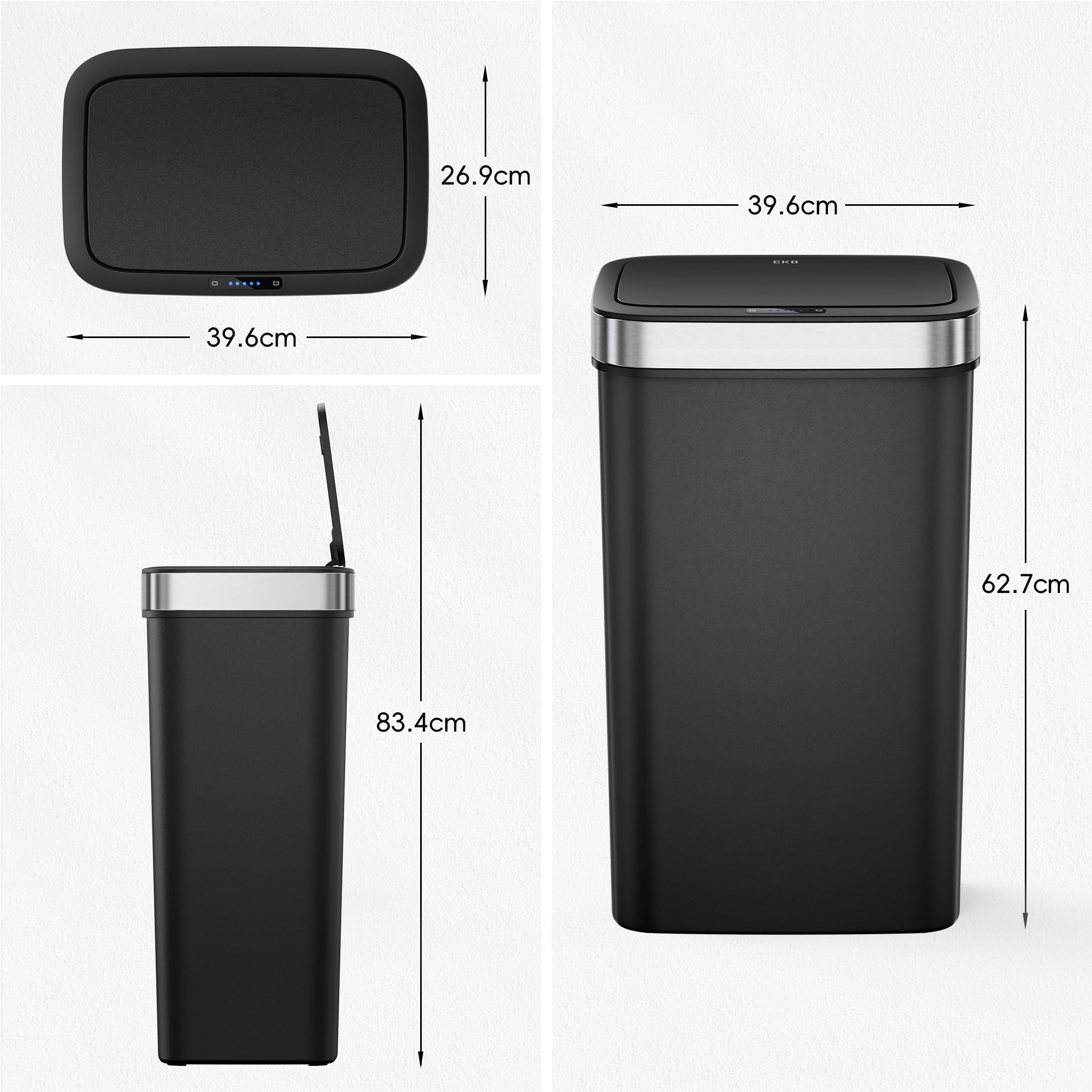 EKO Hana Deluxe 50L Mülleimer mit Sensor, Automatischer Mülleimer Küche, rechteckiger Bewegungssensor Abfalleimer, Soft Closing Deckel, fingerabdruckfrei, elektrischer Mülleimer, Schwarz, Kunststoff