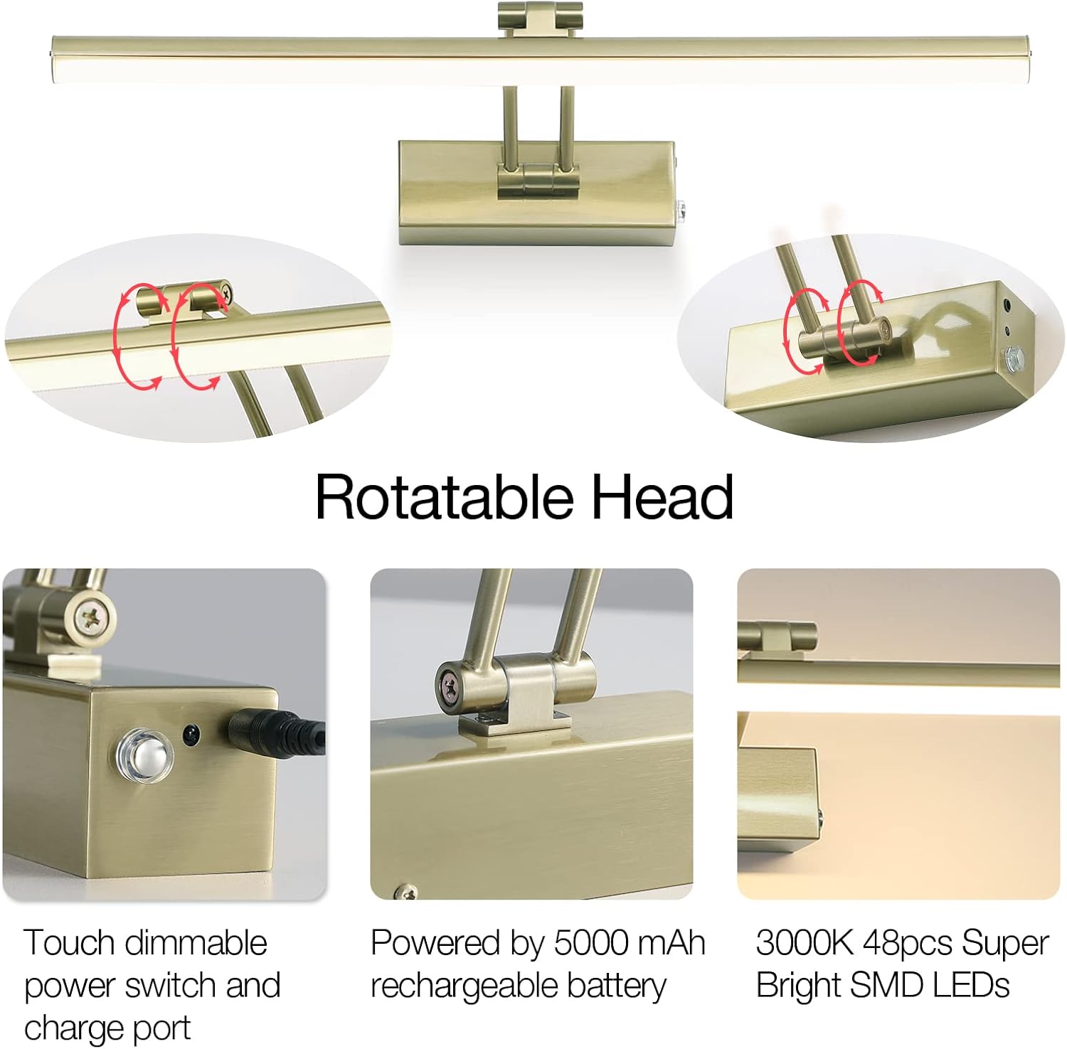 FUNCHDAY Wireless Picture Lights,Rechargeable Battery Picture Light for Paintings with Remote, Dimmable Dartboard Light with Timer,16“ Full Metal Art Light for Wall Frame Portrait Anque Brass