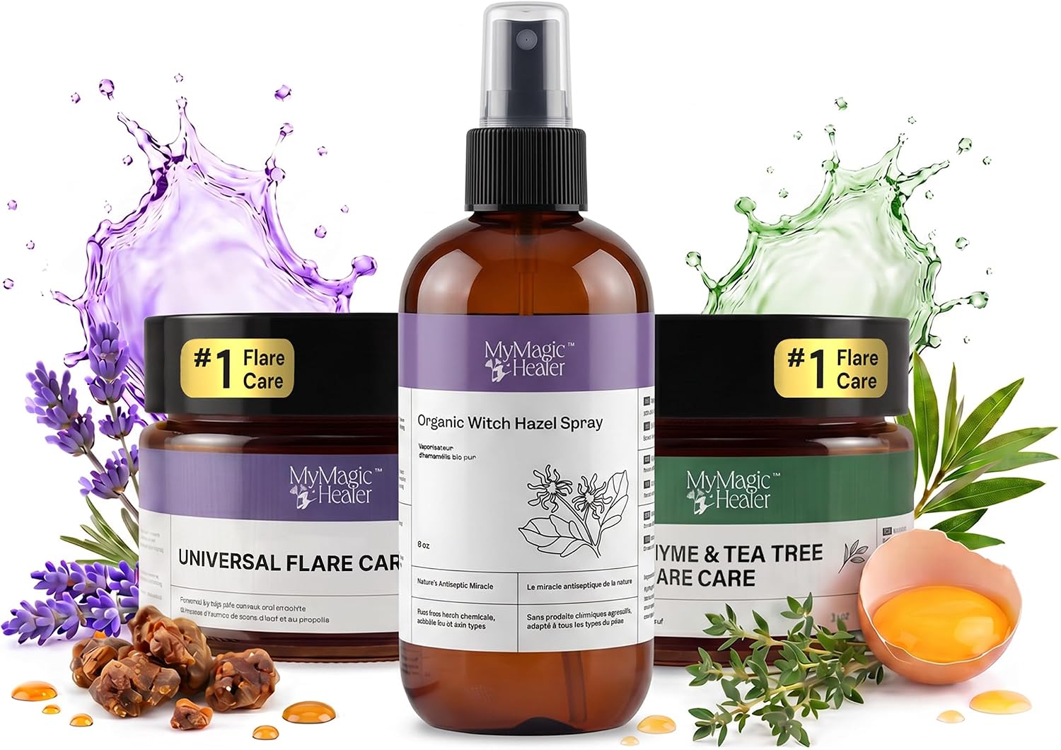 MyMagicHealer Complete Flare Care TRIO – Universal & Thyme Tea Tree Drawing Salve with Organic Witch Hazel Spray | Care for HS, Boils, Cystic Acne & Irritated Skin | Natural Ingredients (1 oz x 1 oz x