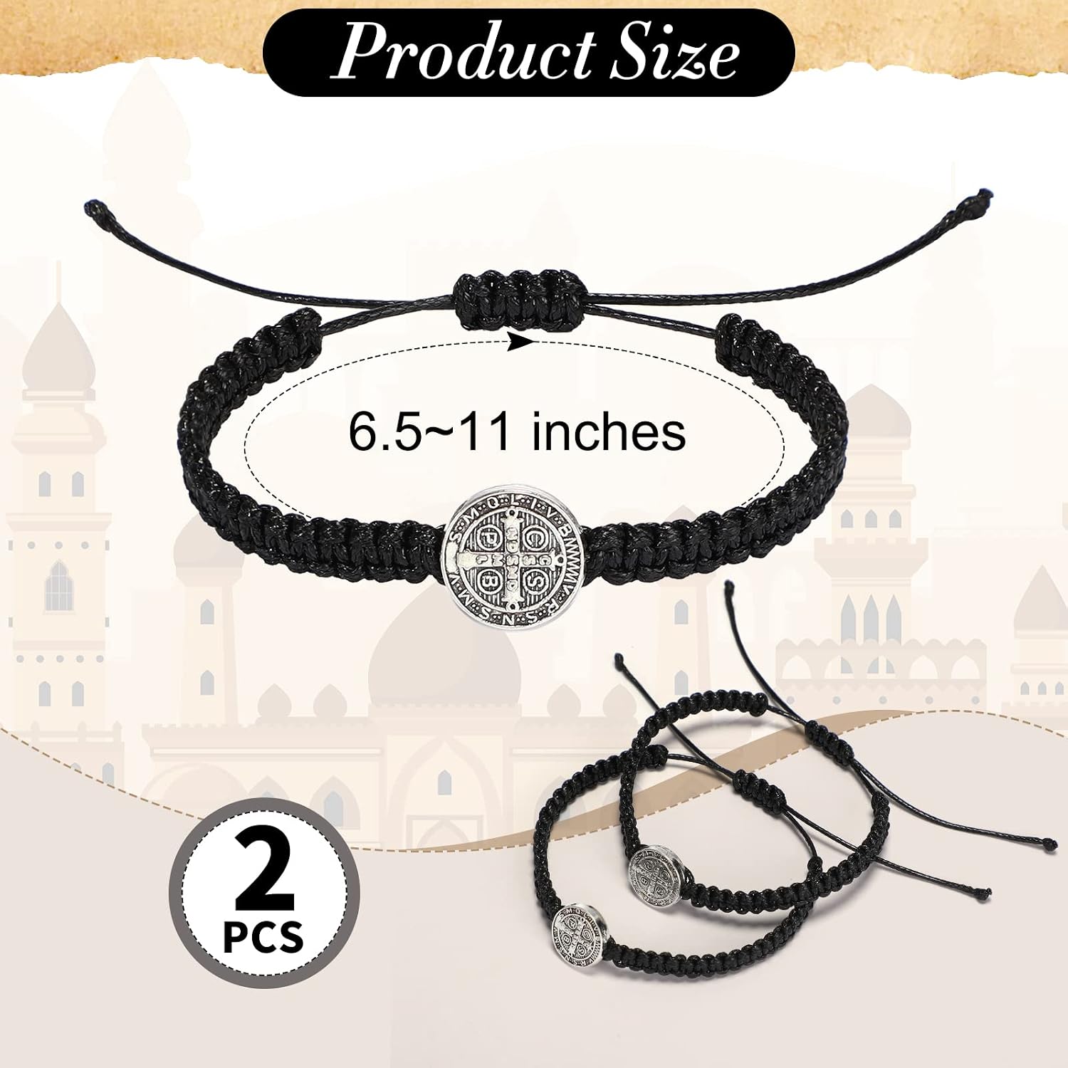 2 Pcs Catholic Bracelets Saint Benedict Medal Gifts Adjustable String Bracelets Religious Gifts for Men Women Birthday Holiday