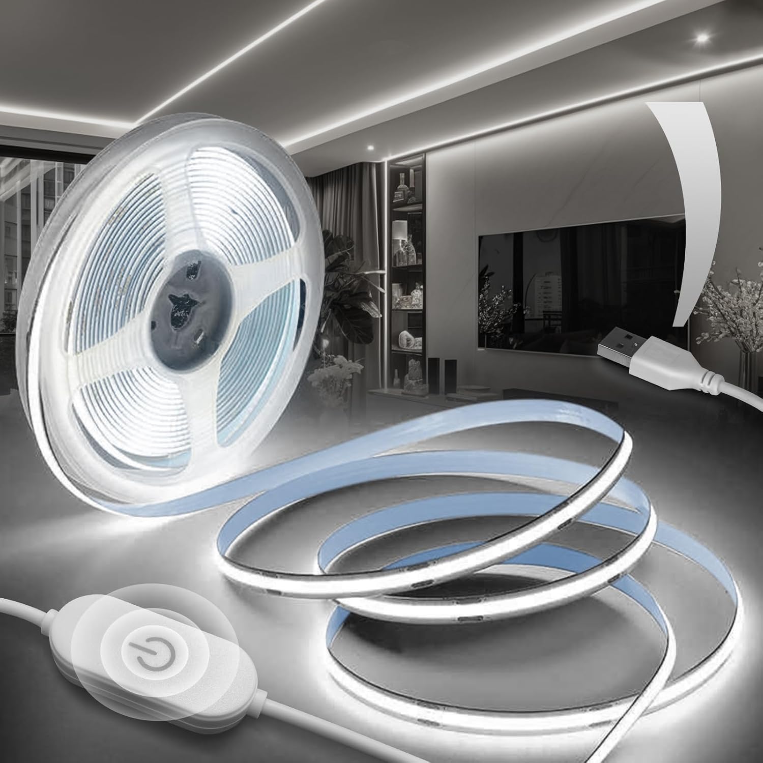 COB LED Strip USB 5V 2M LED Remsa Kall Vit 6000K 320LEDs/m Dimbar Flexibel IP20 Remsa Självhäftande Band för Sovrum kök Inredning TV-bakgrundsbelysning Hem DIY Dekoration