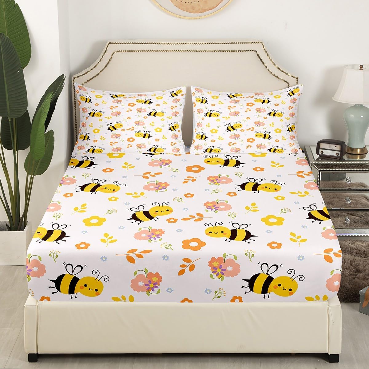Cute Bee Bed Sheet Set Queen Size Honeybee Kids Bedding Set for Boys Girls Teens Kawaii Bugs and Flowers Fitted Sheet Cartoon Wild Animal Farmhouse Bedding Sheets Bedroom Decor Bedding Collection