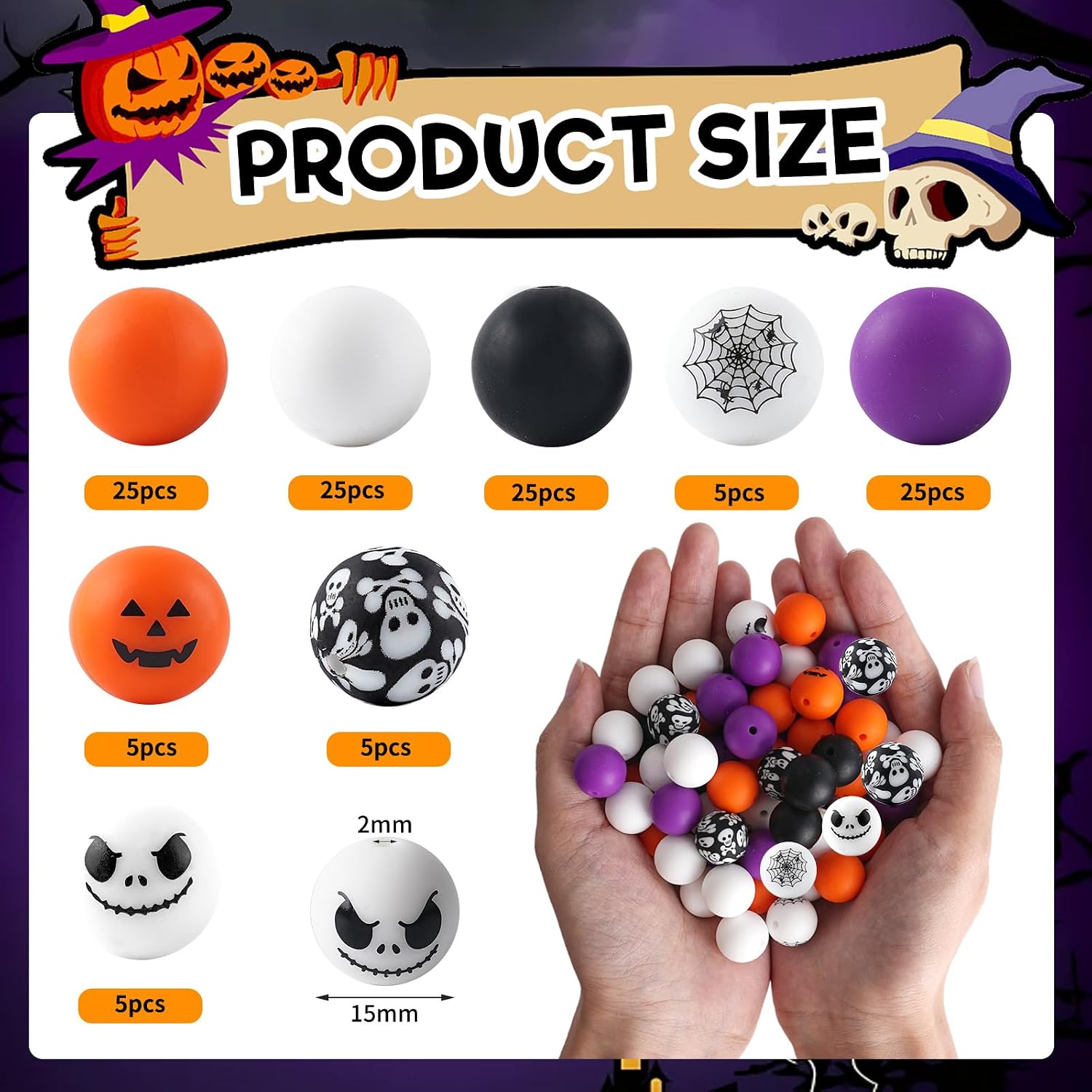 Sanglow 120pcs Silicone Beads for Halloween,15mm Rubber Focal Beads for Keychain Beadable Pen Lanyard Making kit (Orange & Purple)
