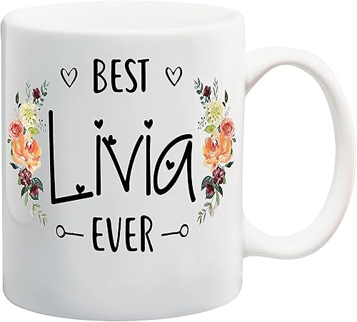 Livia Ever Personalized Name Mug for Women Girls, Custom Name Flower Coffee Mug, Name Coffee Cup, Floral Design, Personalized Gift Her, Mug with