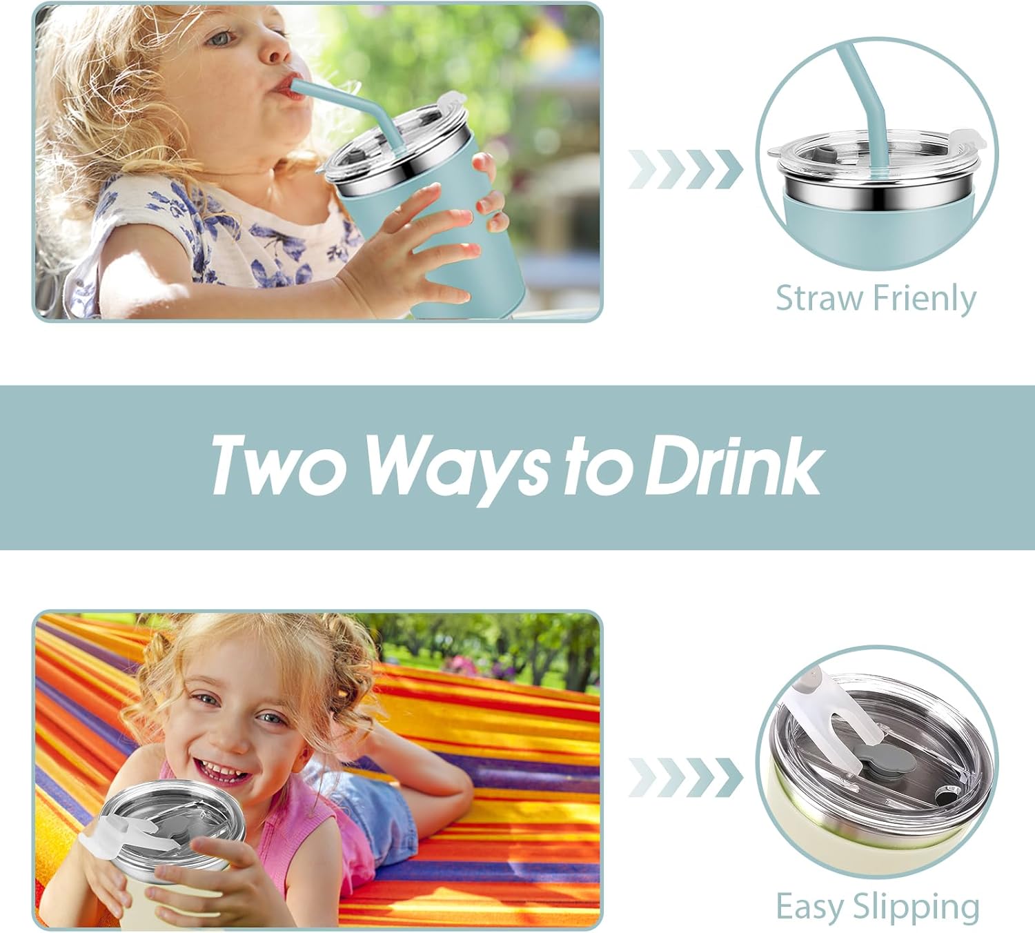 Yummy Sam 2 Pack Kids Cups with Silicone Straws and Lids 12oz Stainless Steel Water Drinking Bottle with Non-Slip Heat Insulation Full Sleeves for Children Adult School Outdoor Home Use(Yellow Green) - Image 6