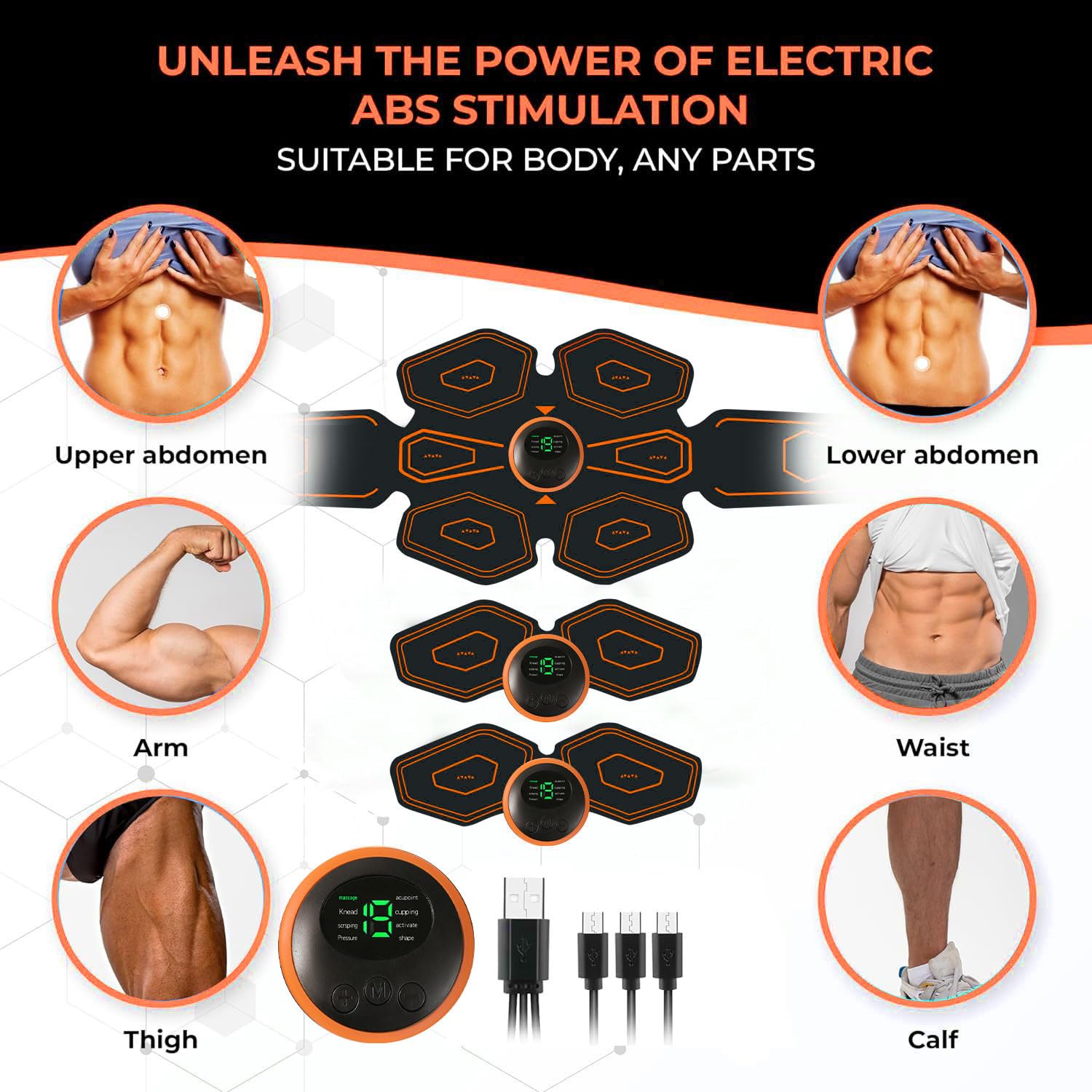 Electroestimulador Muscular, EMS Abdominales Cinturón, Estimulador Muscular Abdominales, Masajeador Eléctrico Cinturón con USB Recargable para Abdominales Brazos Piernas
