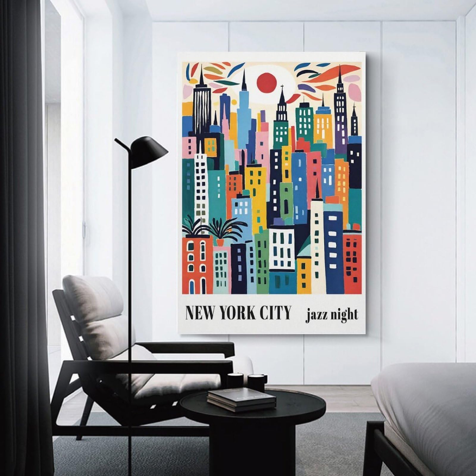 Junmoney Colorful New York City Jazz Night Canvas Wall Art 20x30inch(50x75cm), for Study, Office Or Focused Interiors, Home Office Artwork with Decorative Appeal