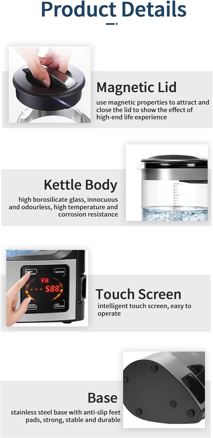 Hydrogen Rich Water Maker Machine, 2L Electric Hydrogen Rich Water Kettle Generator Alkaline Water Ionizer Machine, Hydrogen Concentration Up to1500 PPB