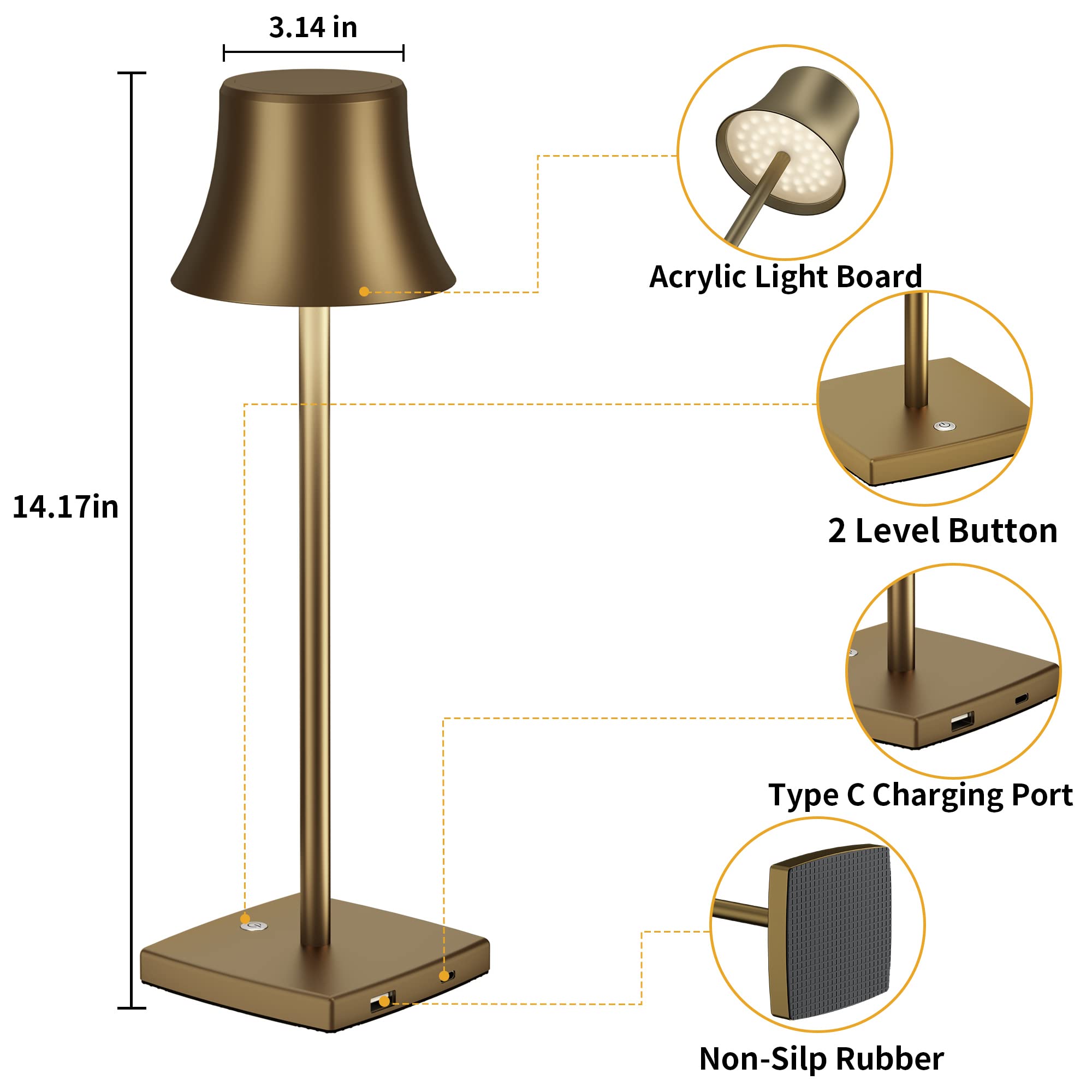 Cordless Table Lamp, Rechargeable Battery 5000mAh Metal Aluminum Housing USB LED Portable Powered Desk Lamp , 3 Levels Brightness Night Light for Restaurants Bedroom Outdoor (2pack Antiqued Gold)