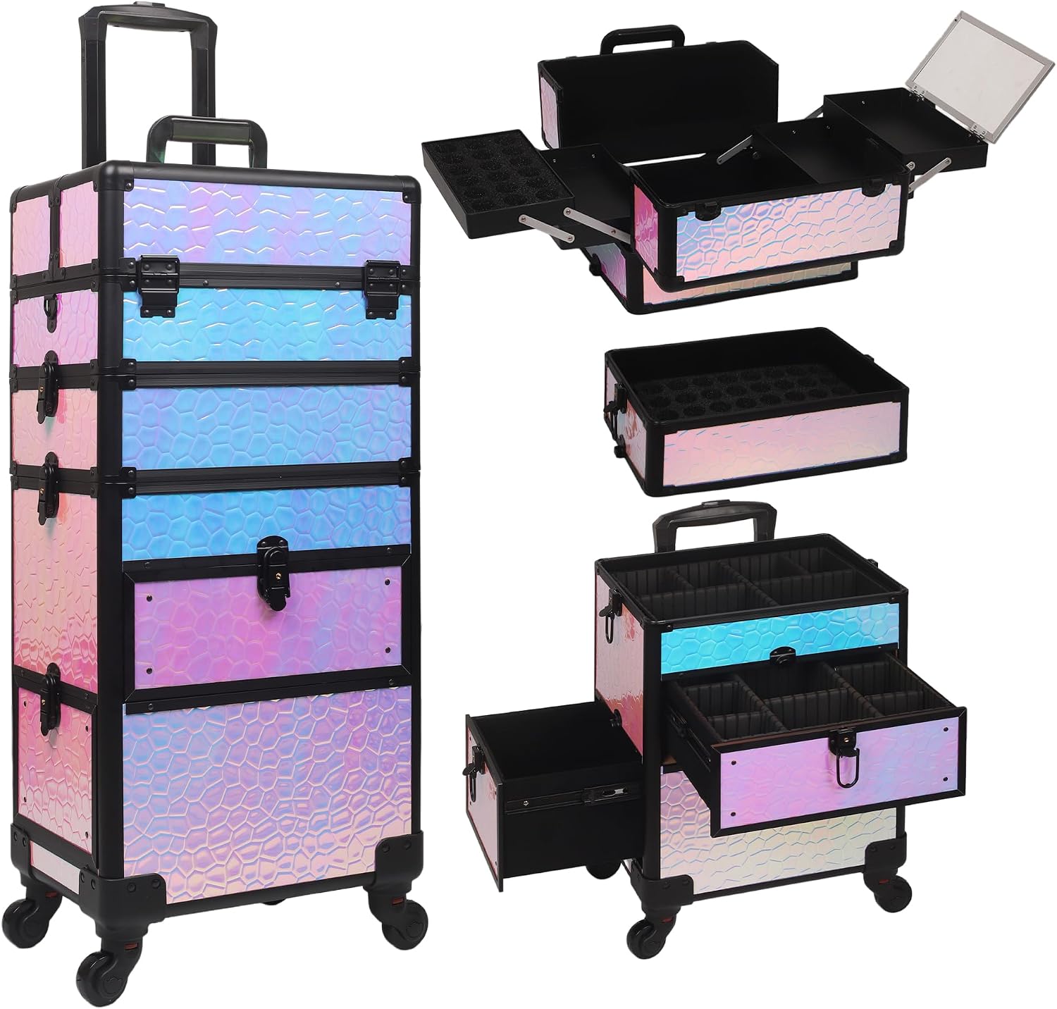 5 IN 1 Rolling Makeup Case with Drawers Shiny Purple