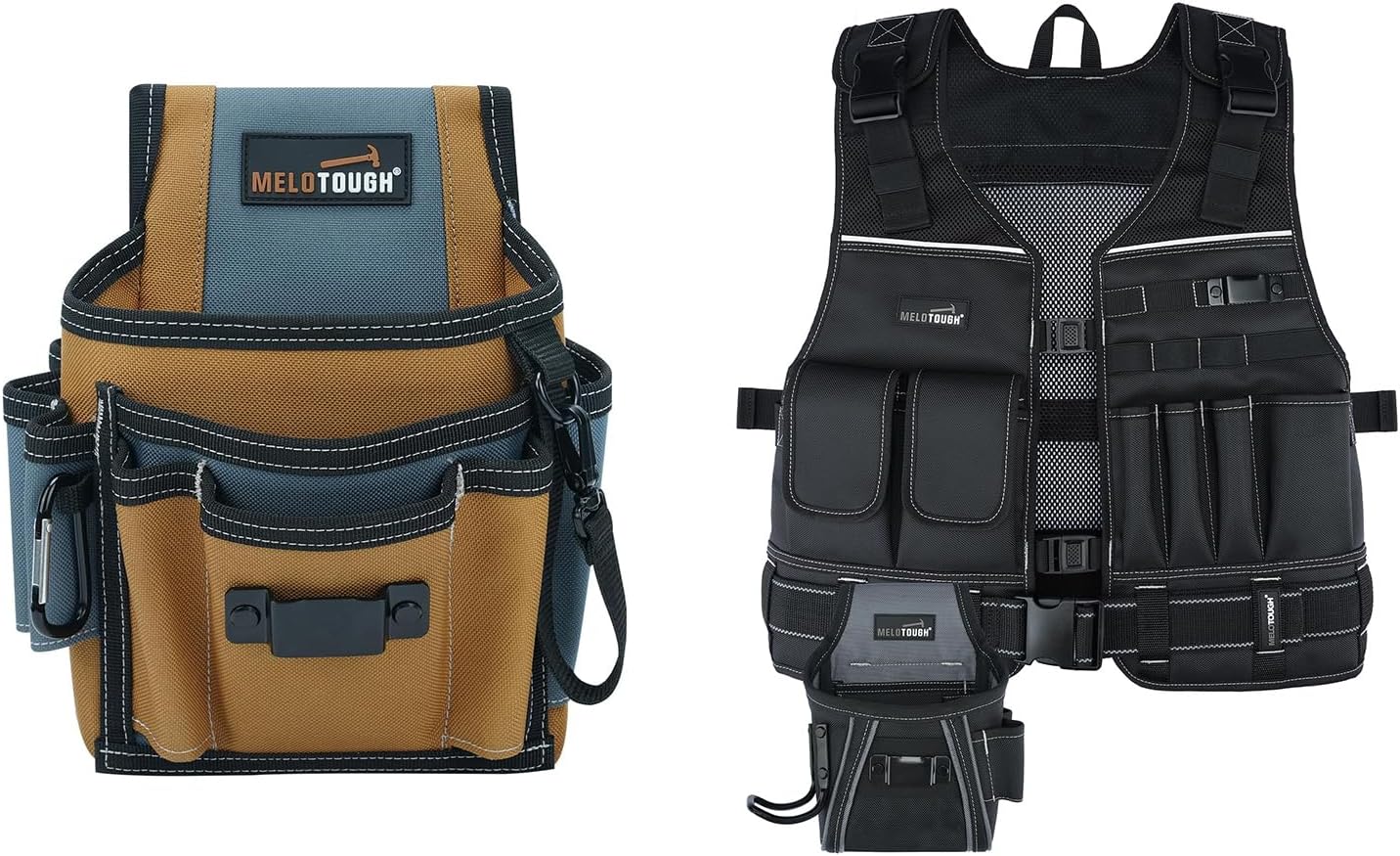 MELOTOUGH Small Tool Pouch for Belt, Adjustable Multi-Pocket Tool Vest for Men with Pouches and Beltfor Carpenter, Electrician, Construction, Framer (Brown & Black)